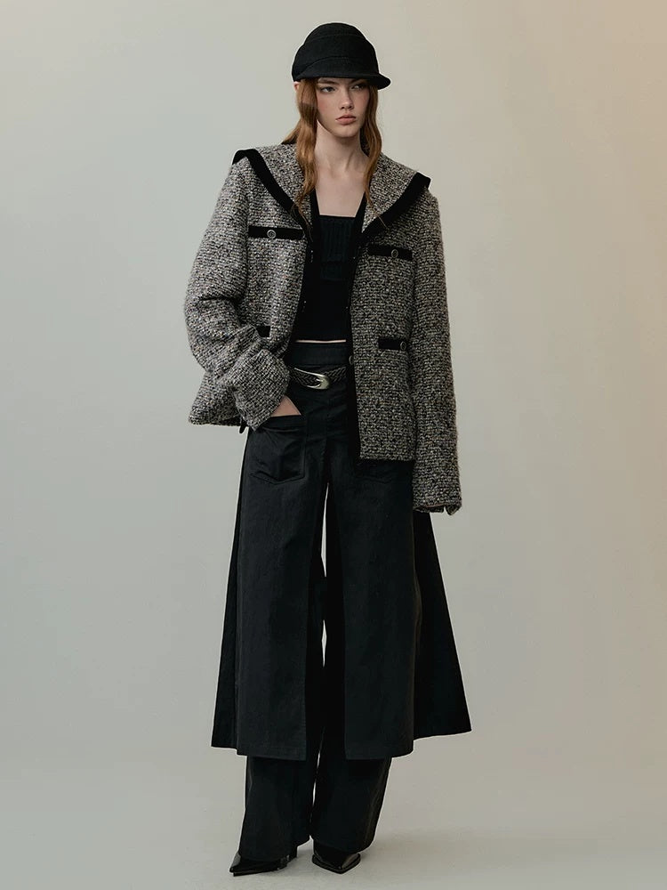 AnnoMundi Mid High Waist Deconstructed Cargo Wide Leg Unisex Black Cotton Blend Pants