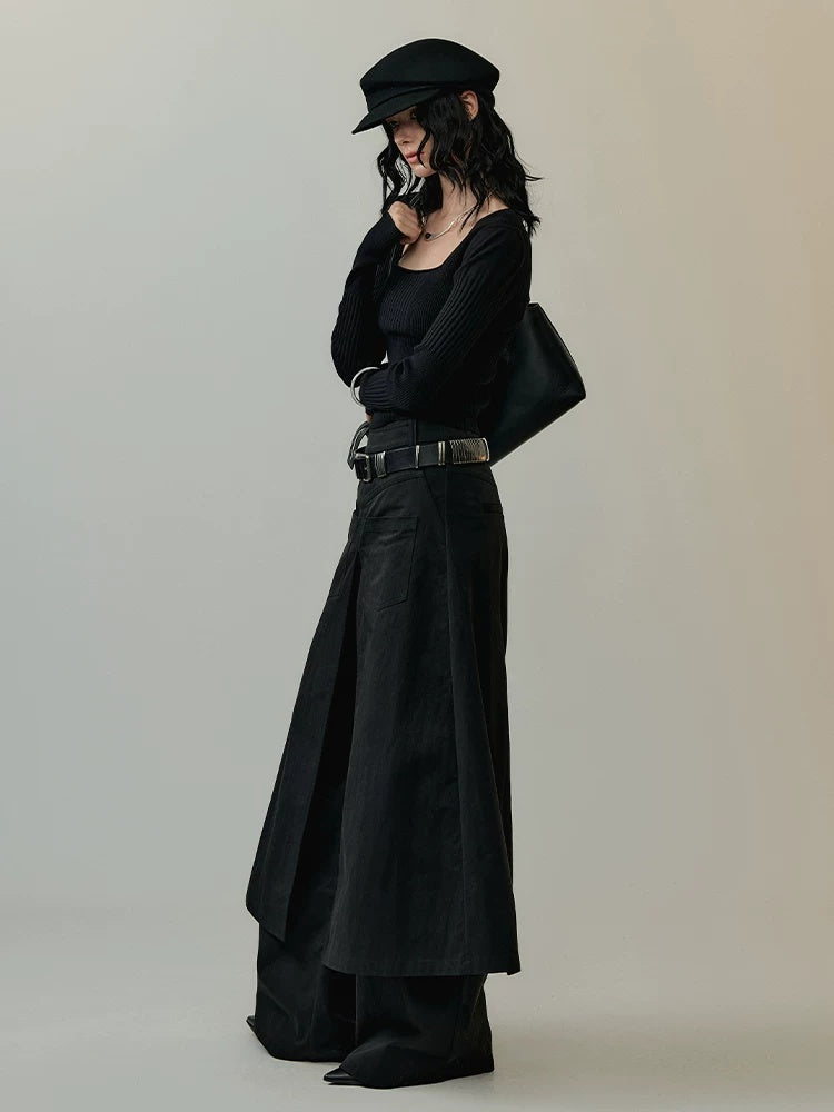 AnnoMundi Mid High Waist Deconstructed Cargo Wide Leg Unisex Black Cotton Blend Pants