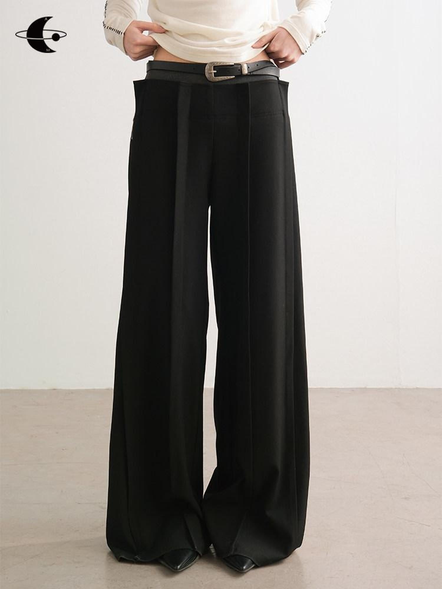 AnnoMundi Mid High Waist Double Layer Straight Casual Micro Stretch Black Women Pants