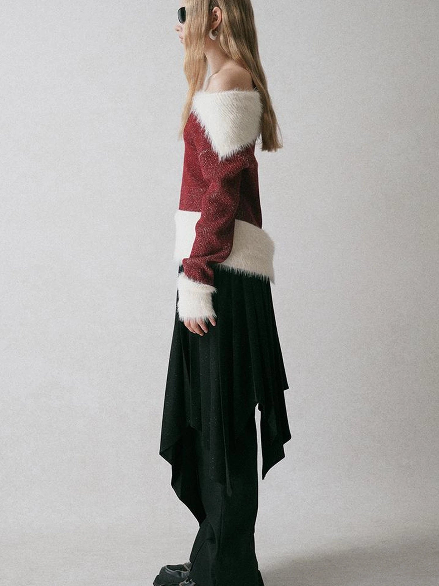 Off Shoulder Red Mohair Blend Sweater With Detachable High Neck