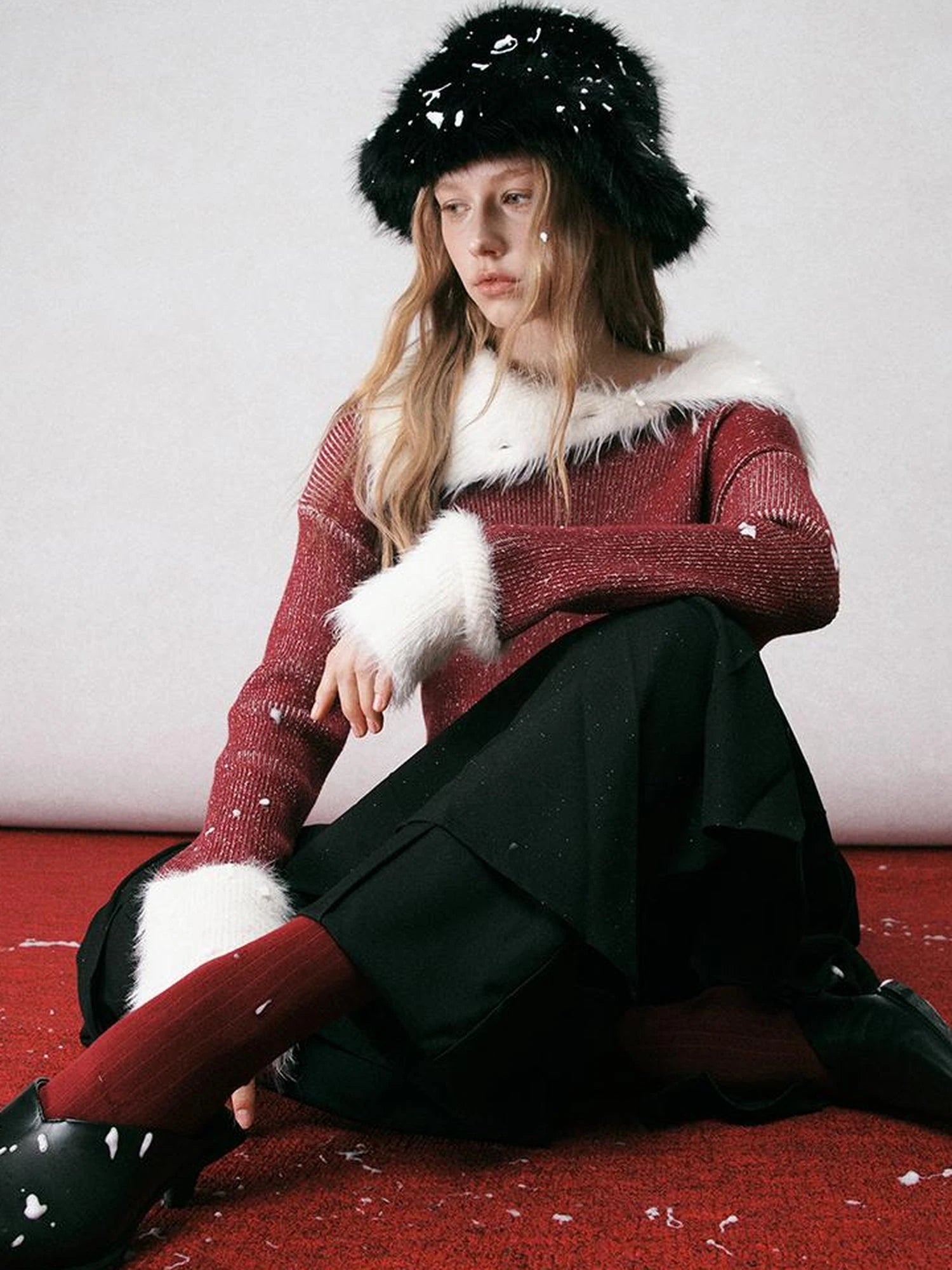 Off Shoulder Red Mohair Blend Sweater With Detachable High Neck