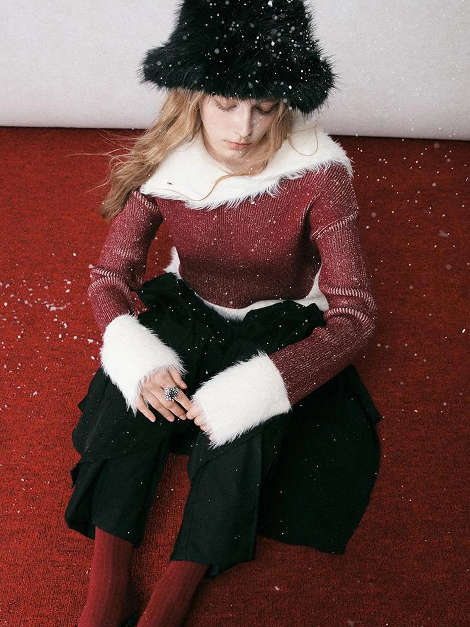 Off Shoulder Red Mohair Blend Sweater With Detachable High Neck