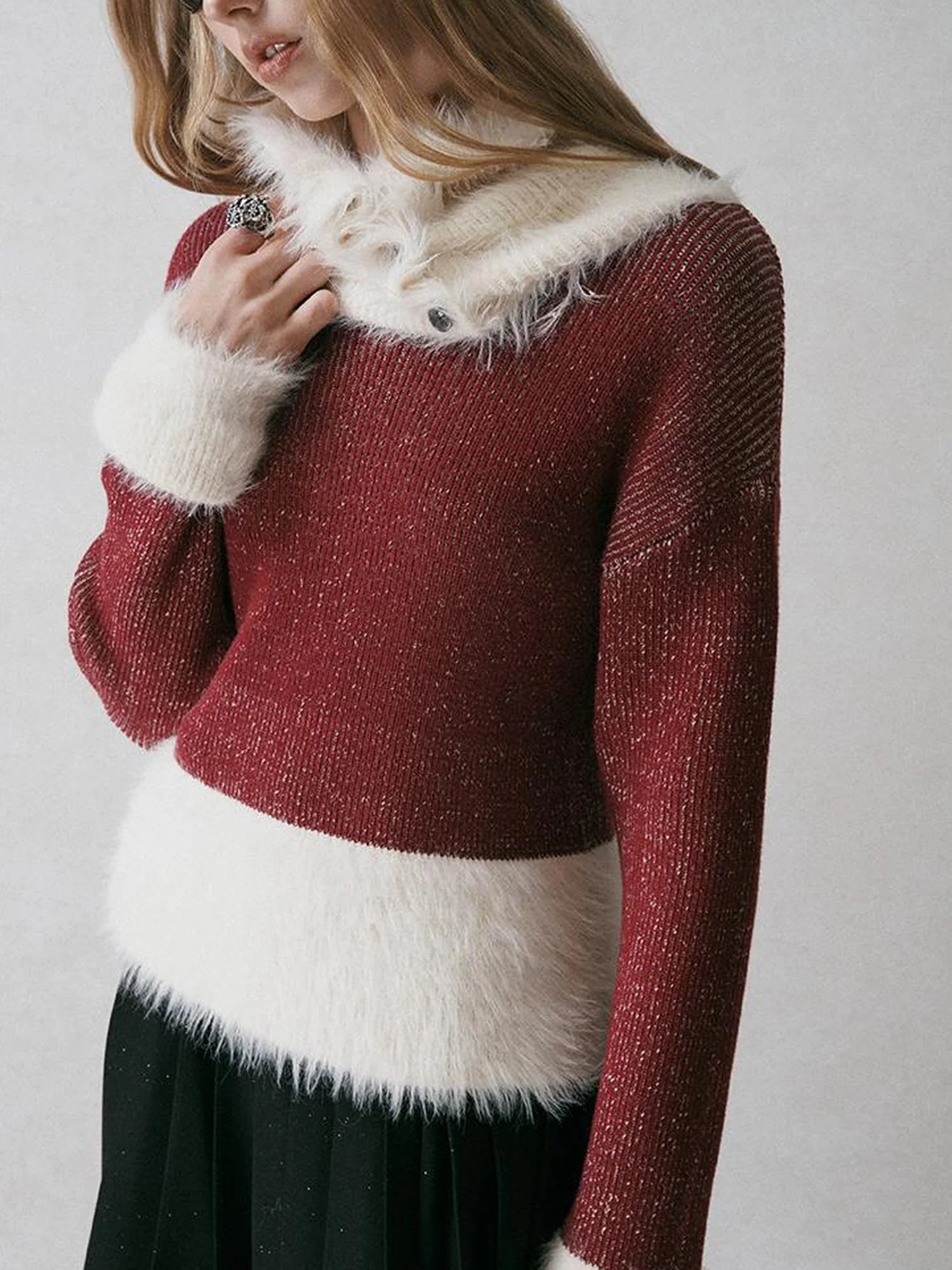 Off Shoulder Red Mohair Blend Sweater With Detachable High Neck
