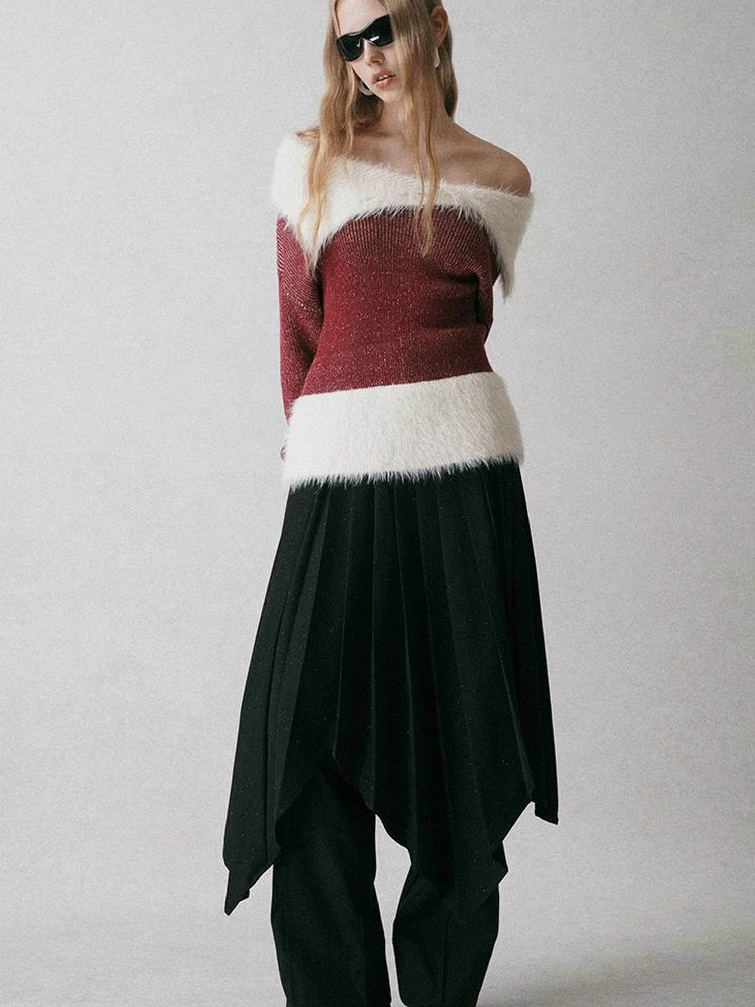 Off Shoulder Red Mohair Blend Sweater With Detachable High Neck