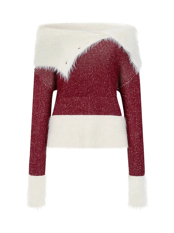 Off Shoulder Red Mohair Blend Sweater With Detachable High Neck