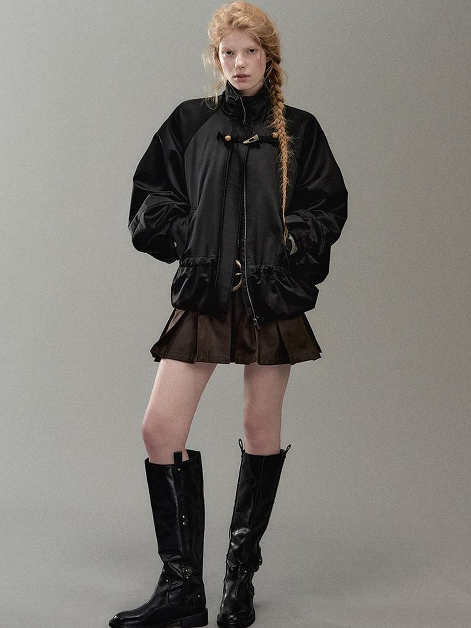 AnnoMundi PU Leather Plated High Waist Pleated Mini Skirt