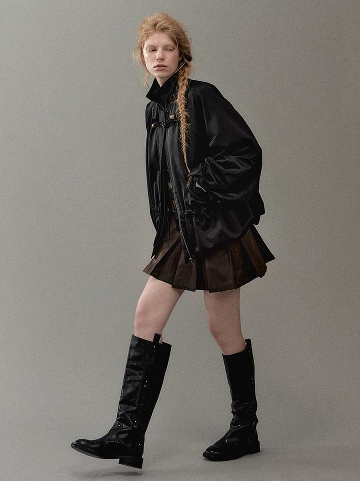 AnnoMundi PU Leather Plated High Waist Pleated Mini Skirt