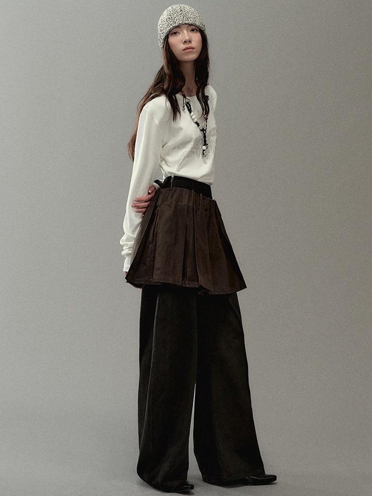 AnnoMundi PU Leather Plated High Waist Pleated Mini Skirt