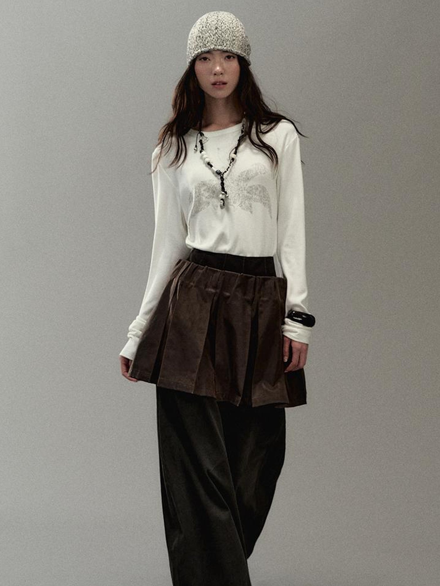 AnnoMundi PU Leather Plated High Waist Pleated Mini Skirt