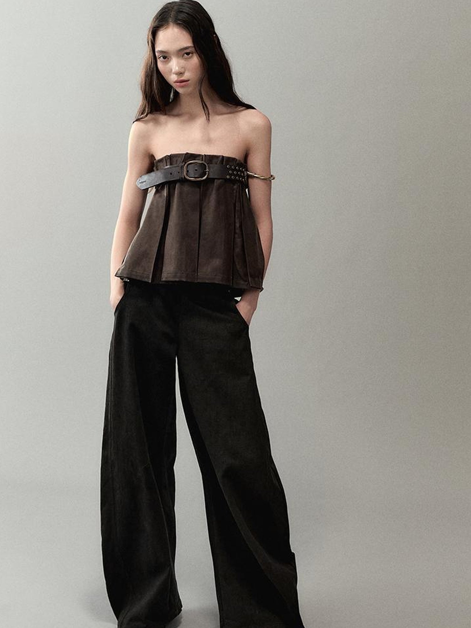AnnoMundi PU Leather Plated High Waist Pleated Mini Skirt