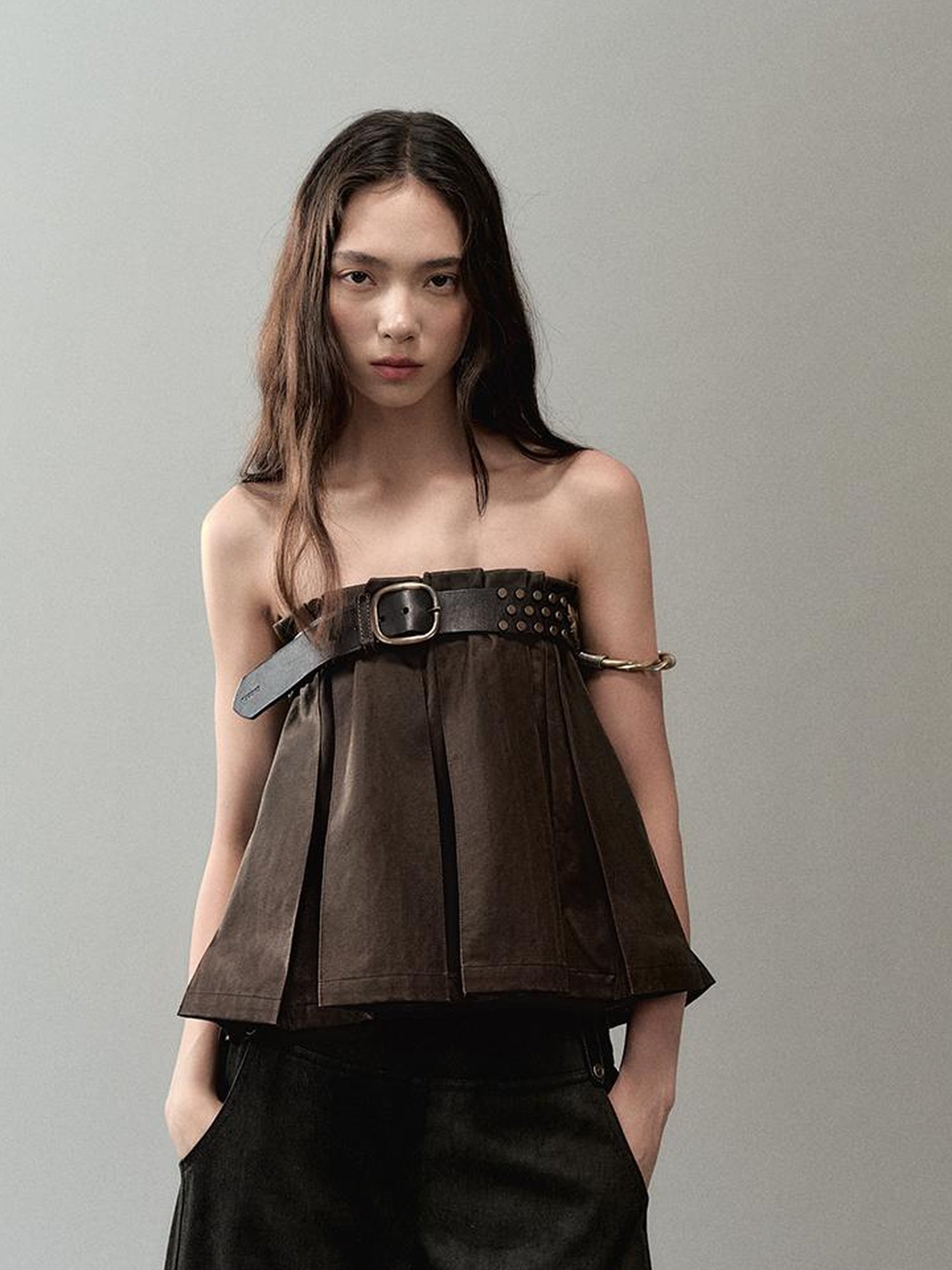 AnnoMundi PU Leather Plated High Waist Pleated Mini Skirt