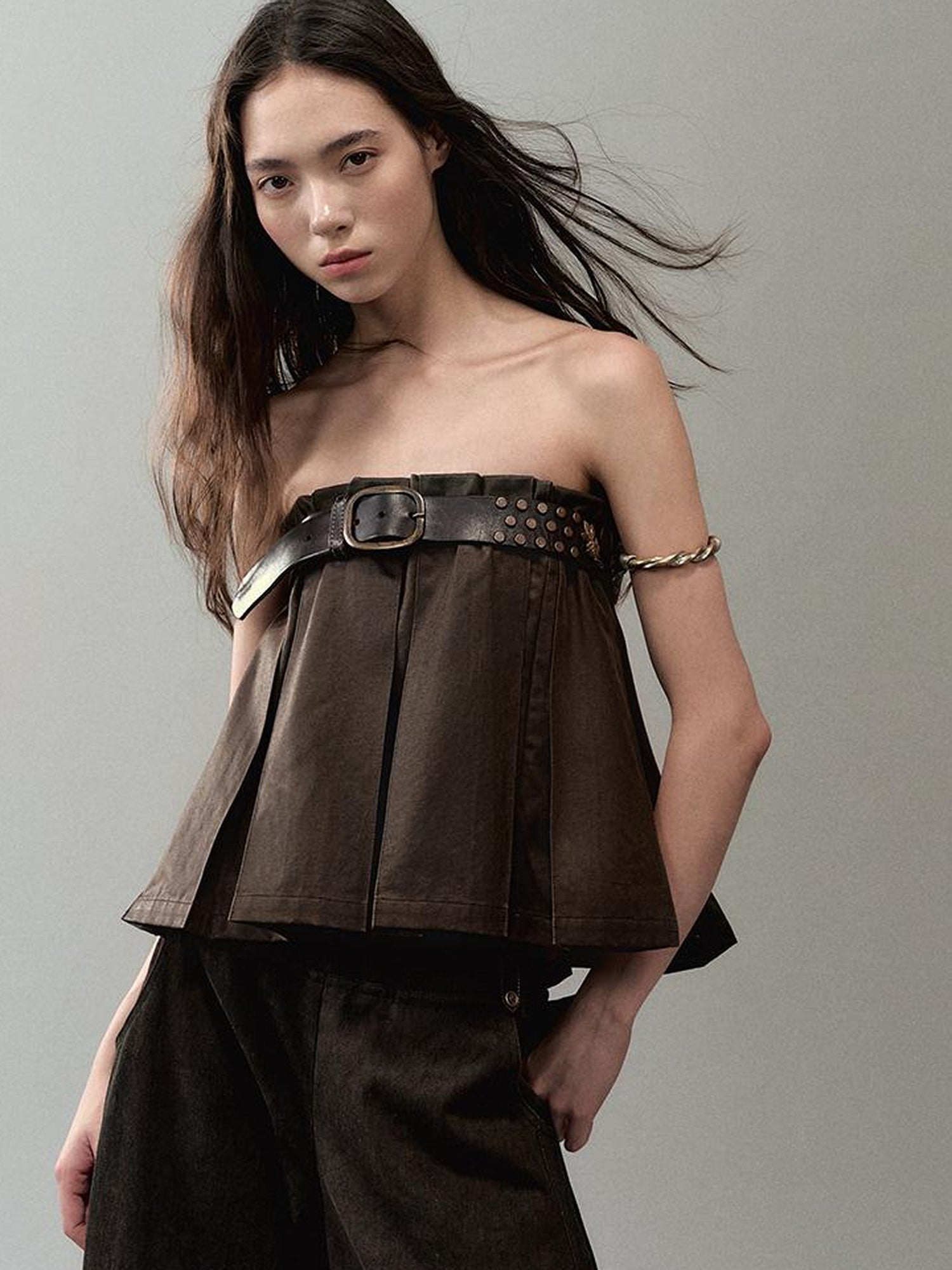 AnnoMundi PU Leather Plated High Waist Pleated Mini Skirt