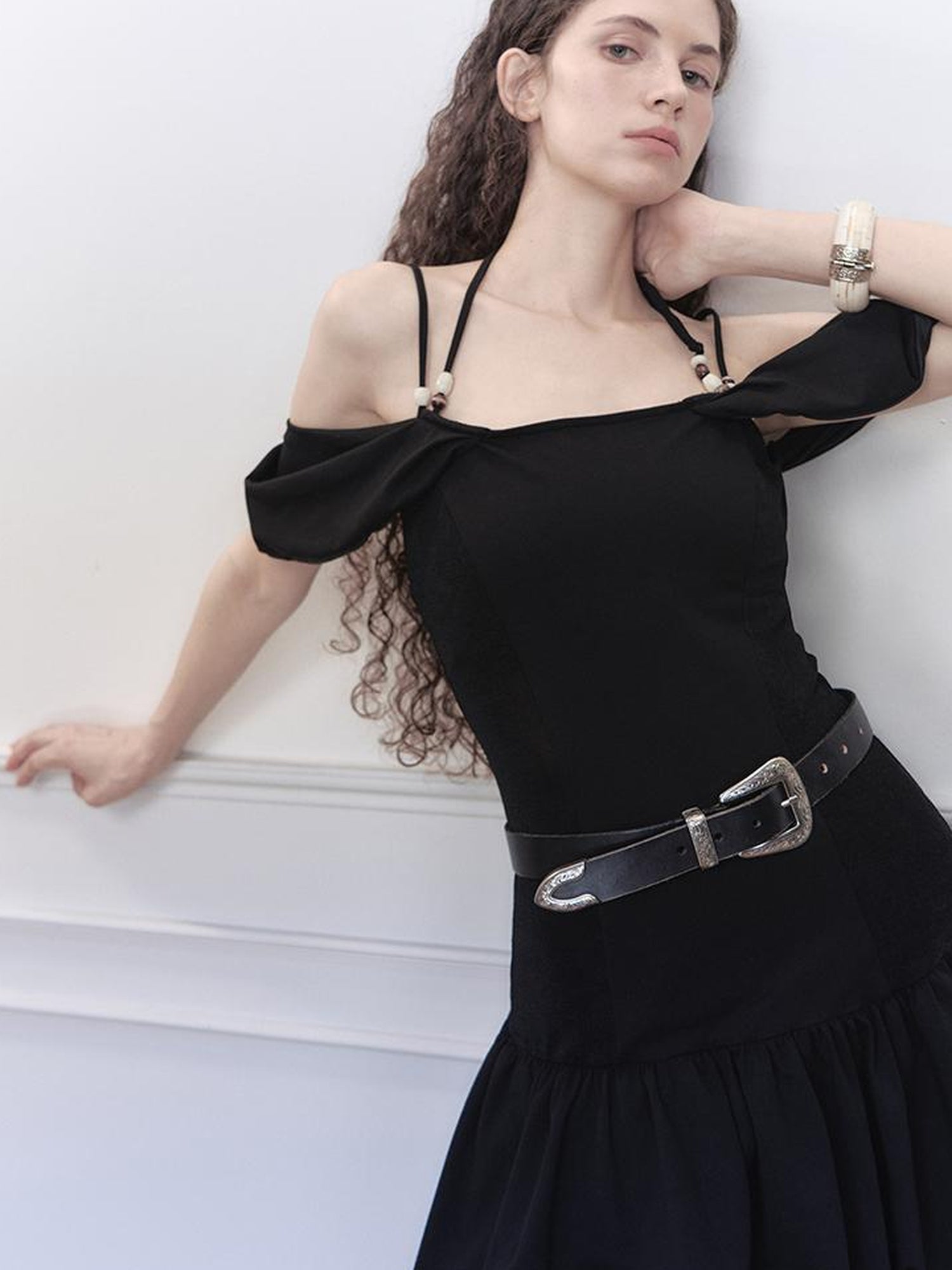 AnnoMundi Pearl Embellished Dream Knit Dress V-Neck T-Shirt Long-Sleeve