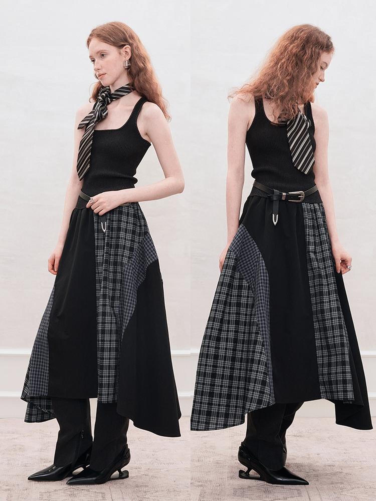 AnnoMundi Plaid Patchwork Asymmetrical Maxi Skirt