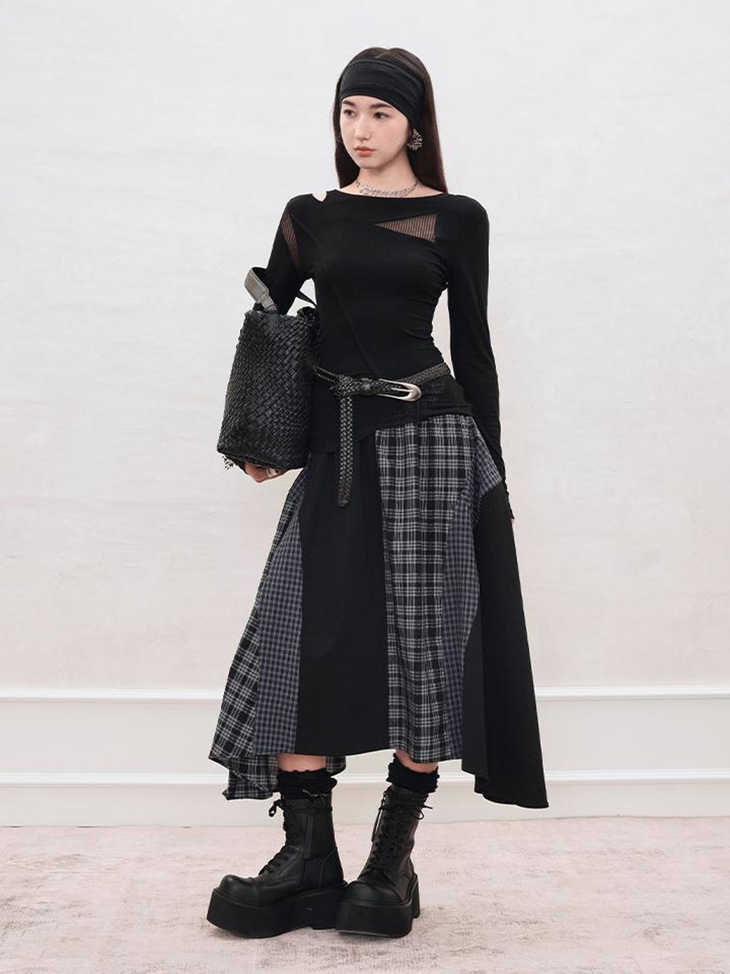 AnnoMundi Plaid Patchwork Asymmetrical Maxi Skirt