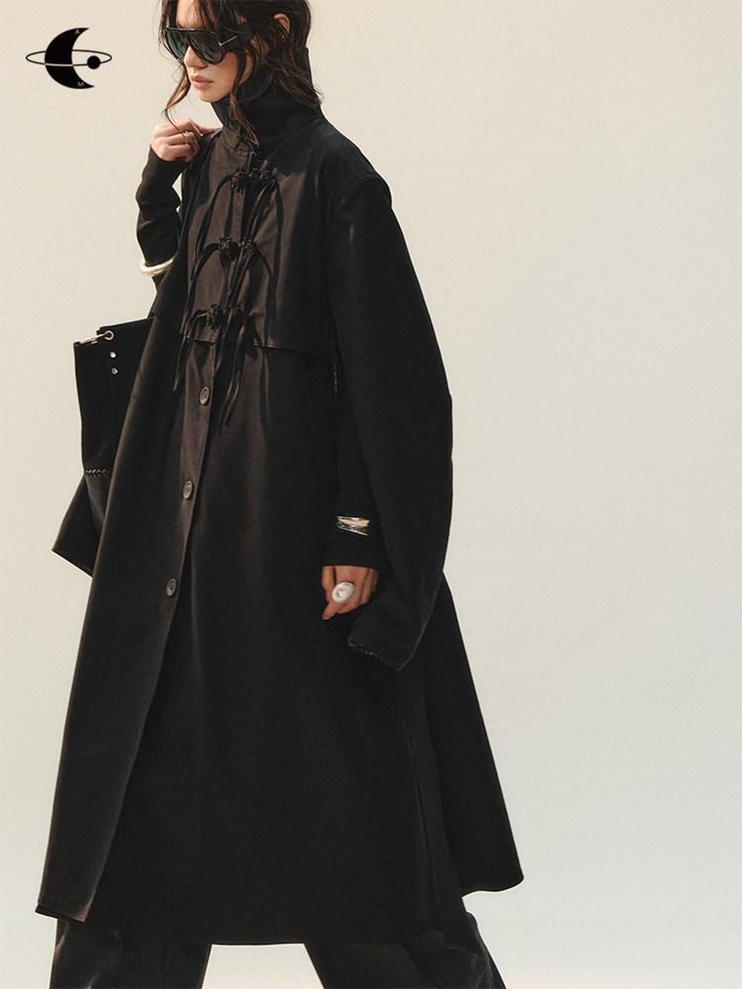 AnnoMundi Plaid Patchwork Longline Chinese Style Womens Single Breasted Polyester Coat