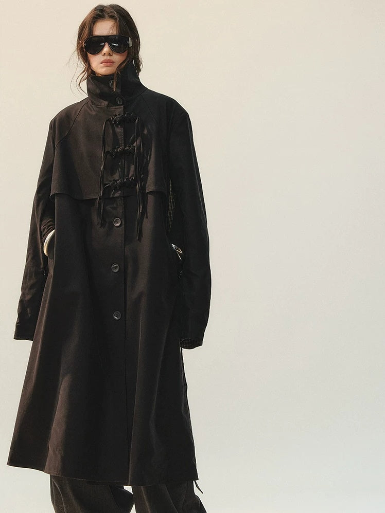 AnnoMundi Plaid Patchwork Longline Chinese Style Womens Single Breasted Polyester Coat