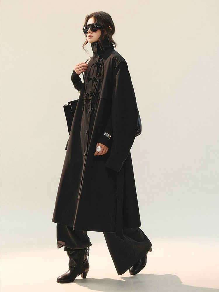 AnnoMundi Plaid Patchwork Longline Chinese Style Womens Single Breasted Polyester Coat