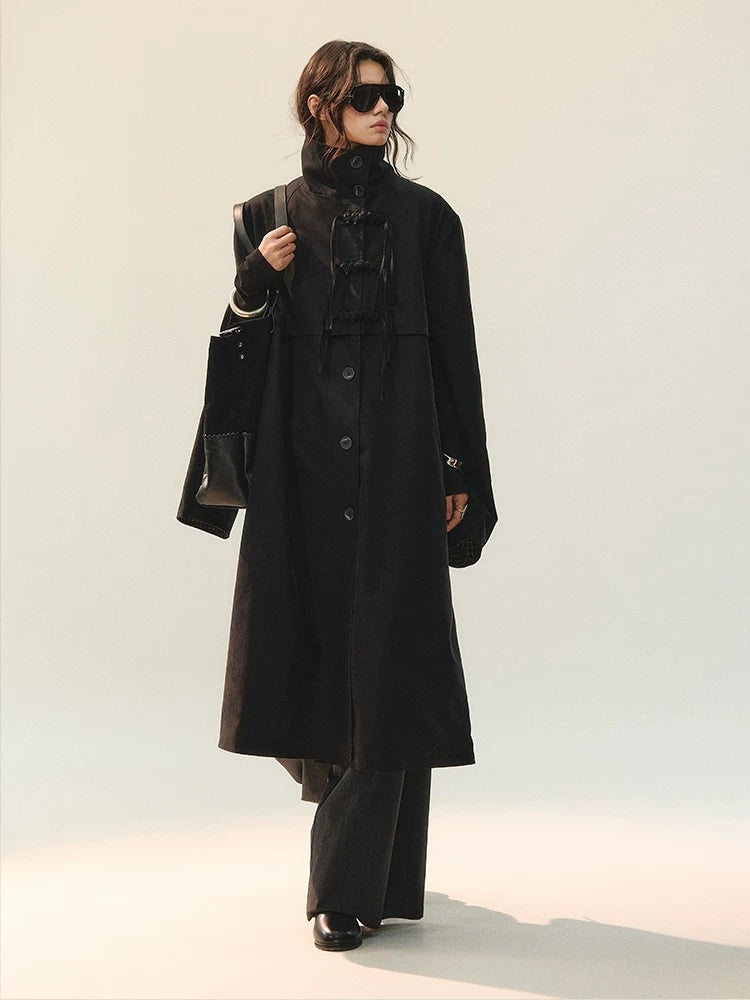 AnnoMundi Plaid Patchwork Longline Chinese Style Womens Single Breasted Polyester Coat