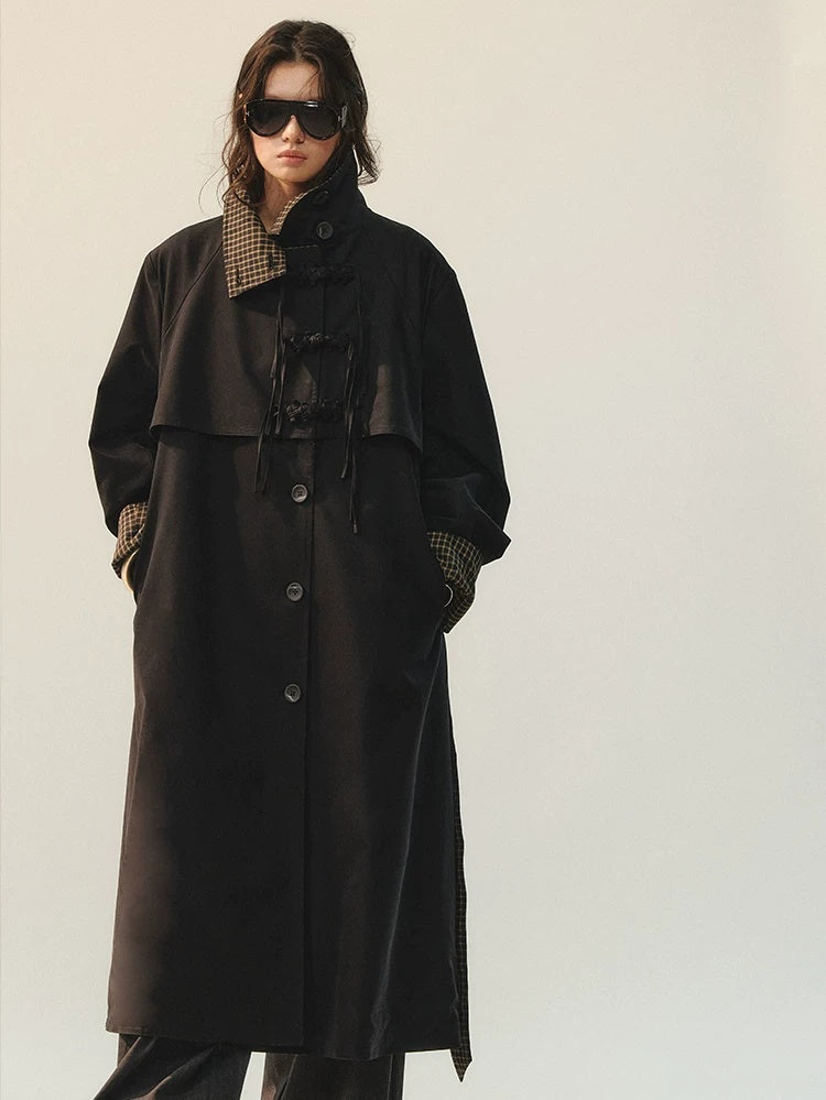 AnnoMundi Plaid Patchwork Longline Chinese Style Womens Single Breasted Polyester Coat