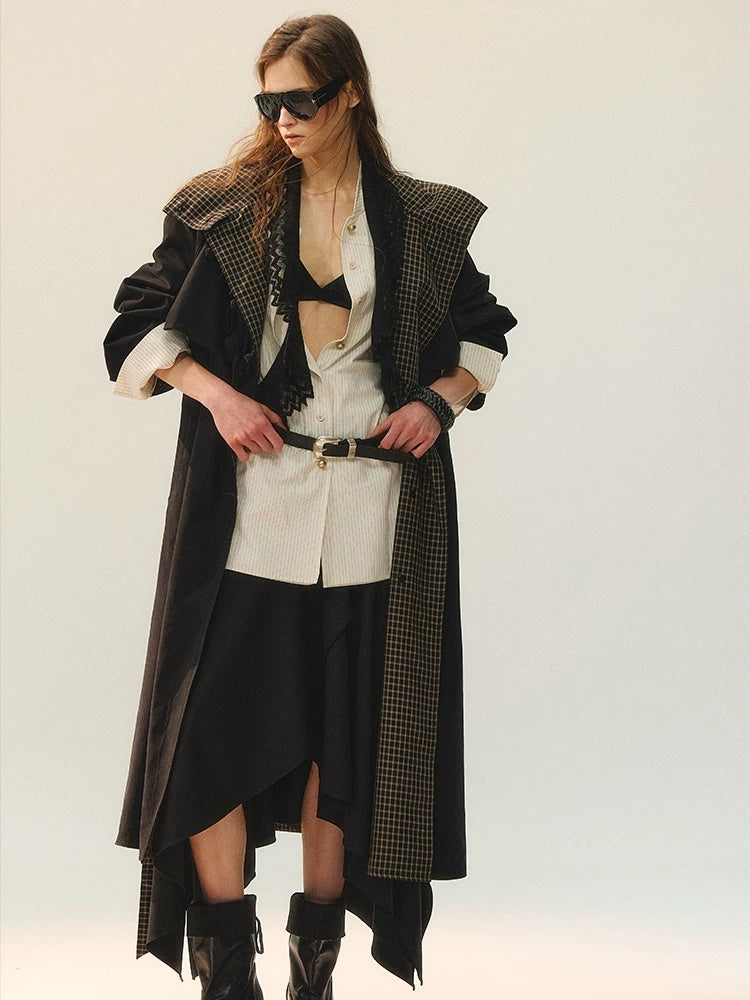 AnnoMundi Plaid Patchwork Longline Chinese Style Womens Single Breasted Polyester Coat