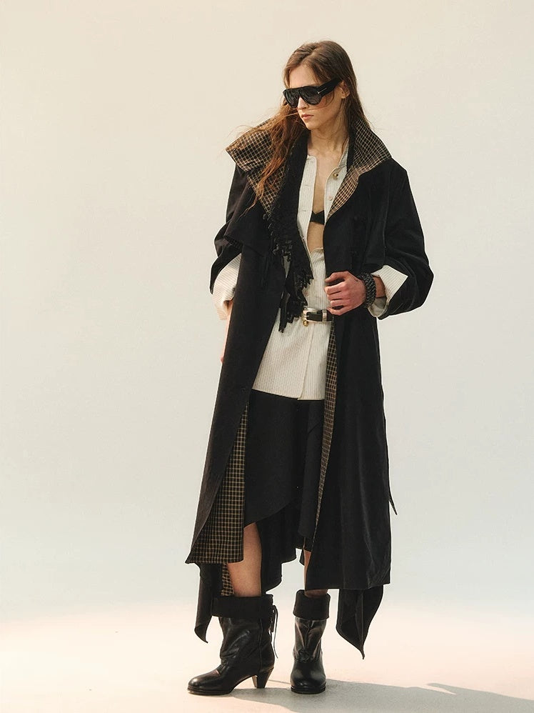 AnnoMundi Plaid Patchwork Longline Chinese Style Womens Single Breasted Polyester Coat