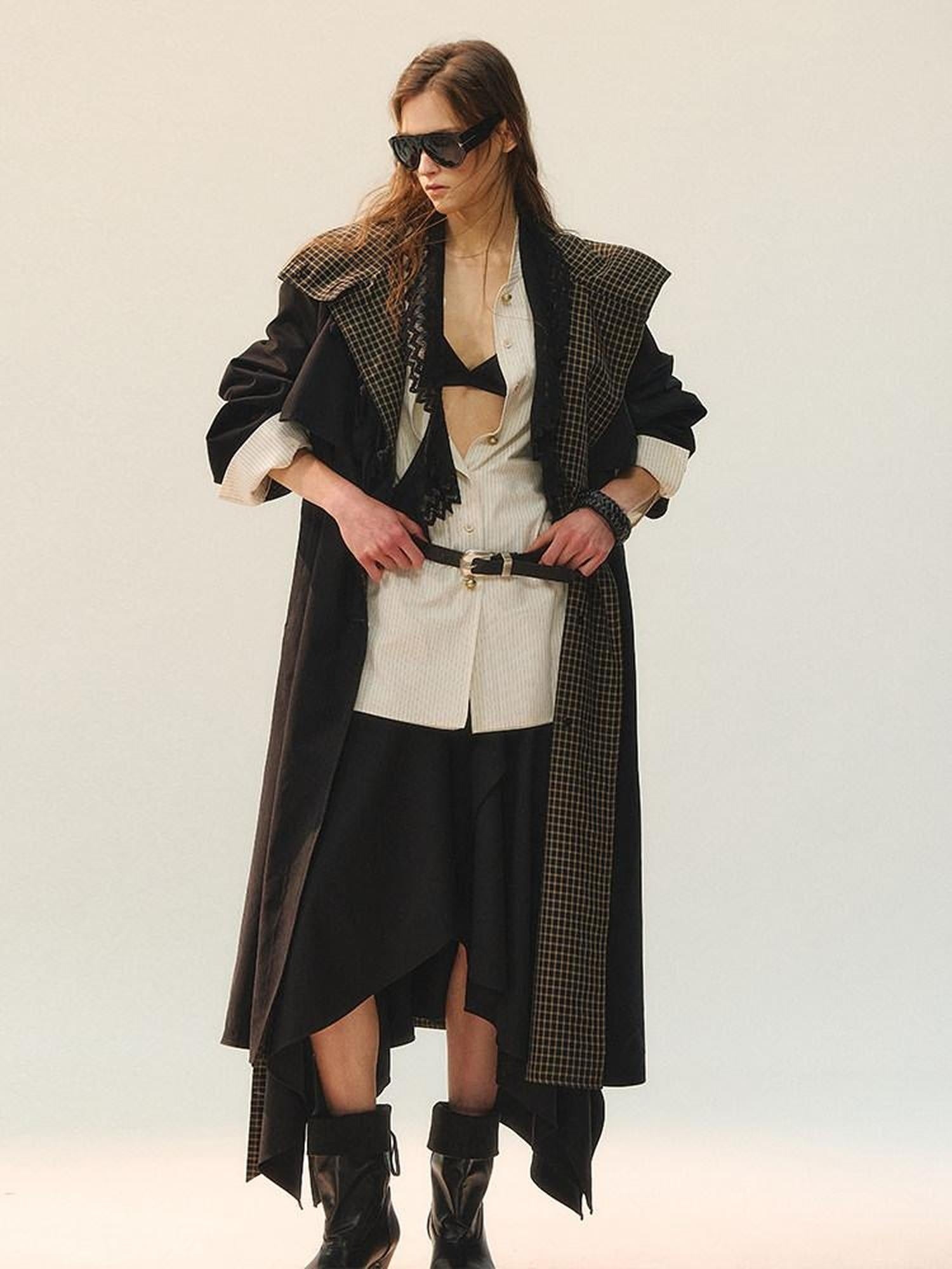 AnnoMundi Plaid Patchwork Longline Chinese Style Womens Single Breasted Polyester Coat