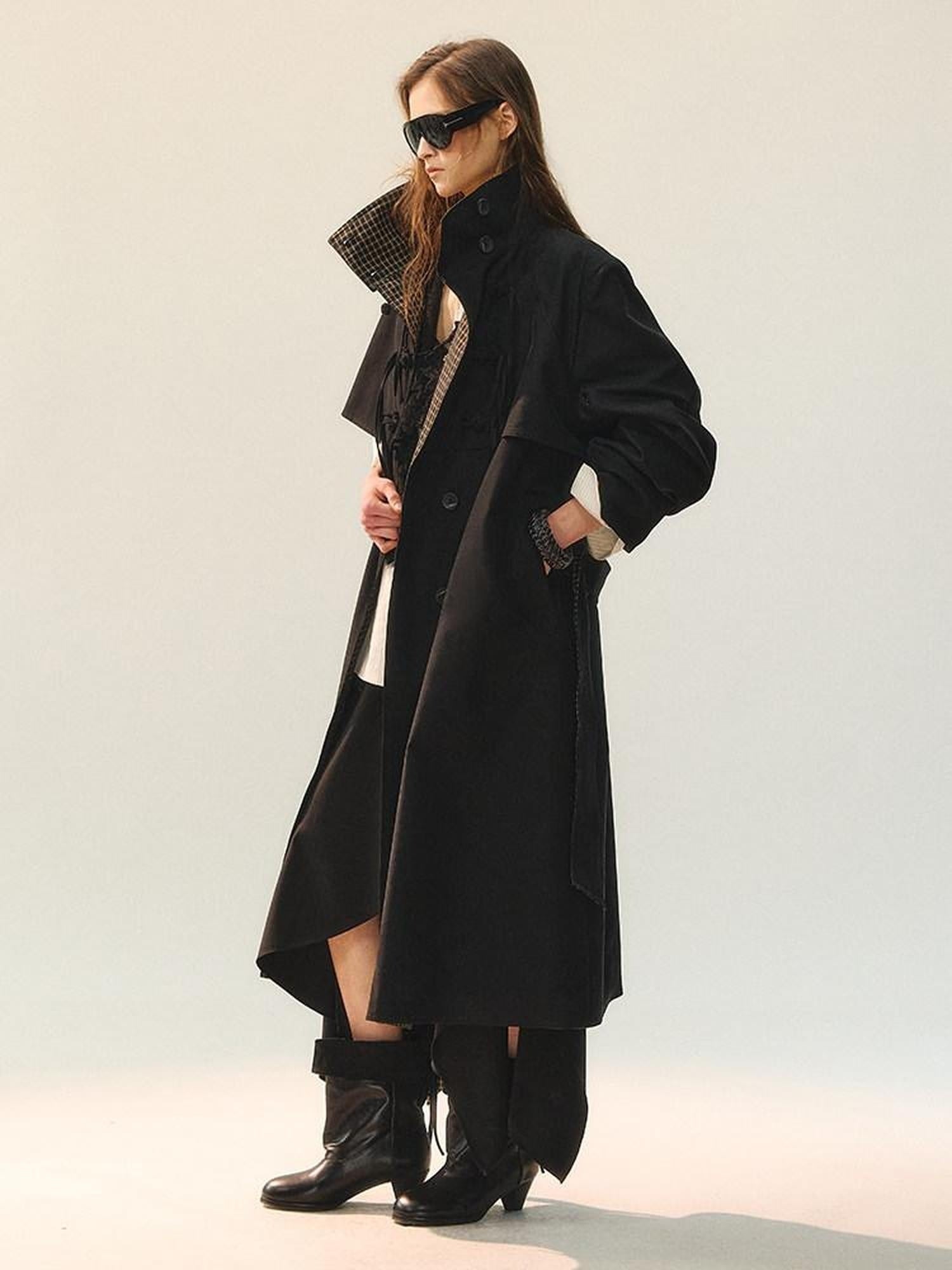 AnnoMundi Plaid Patchwork Longline Chinese Style Womens Single Breasted Polyester Coat