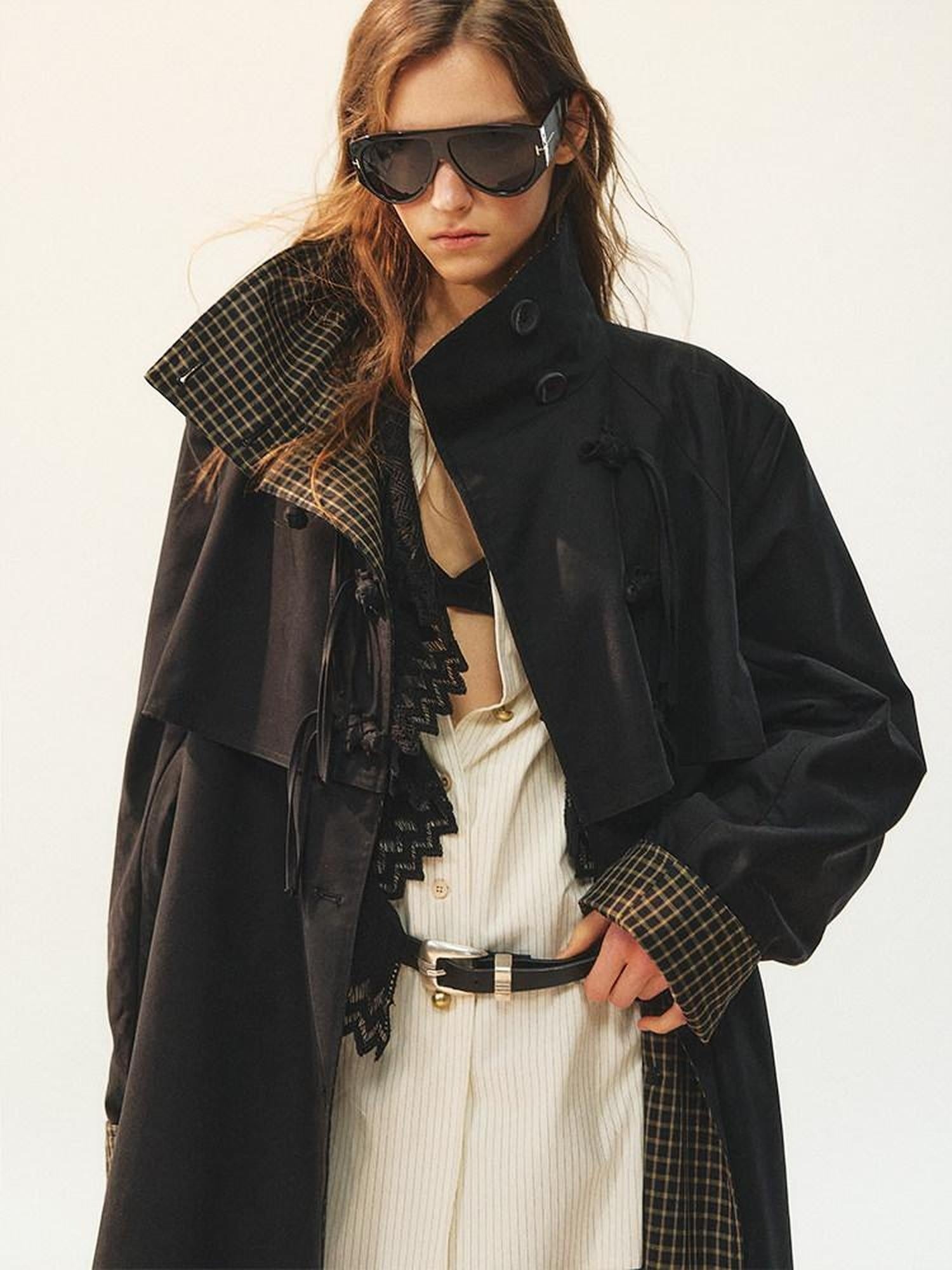 AnnoMundi Plaid Patchwork Longline Chinese Style Womens Single Breasted Polyester Coat