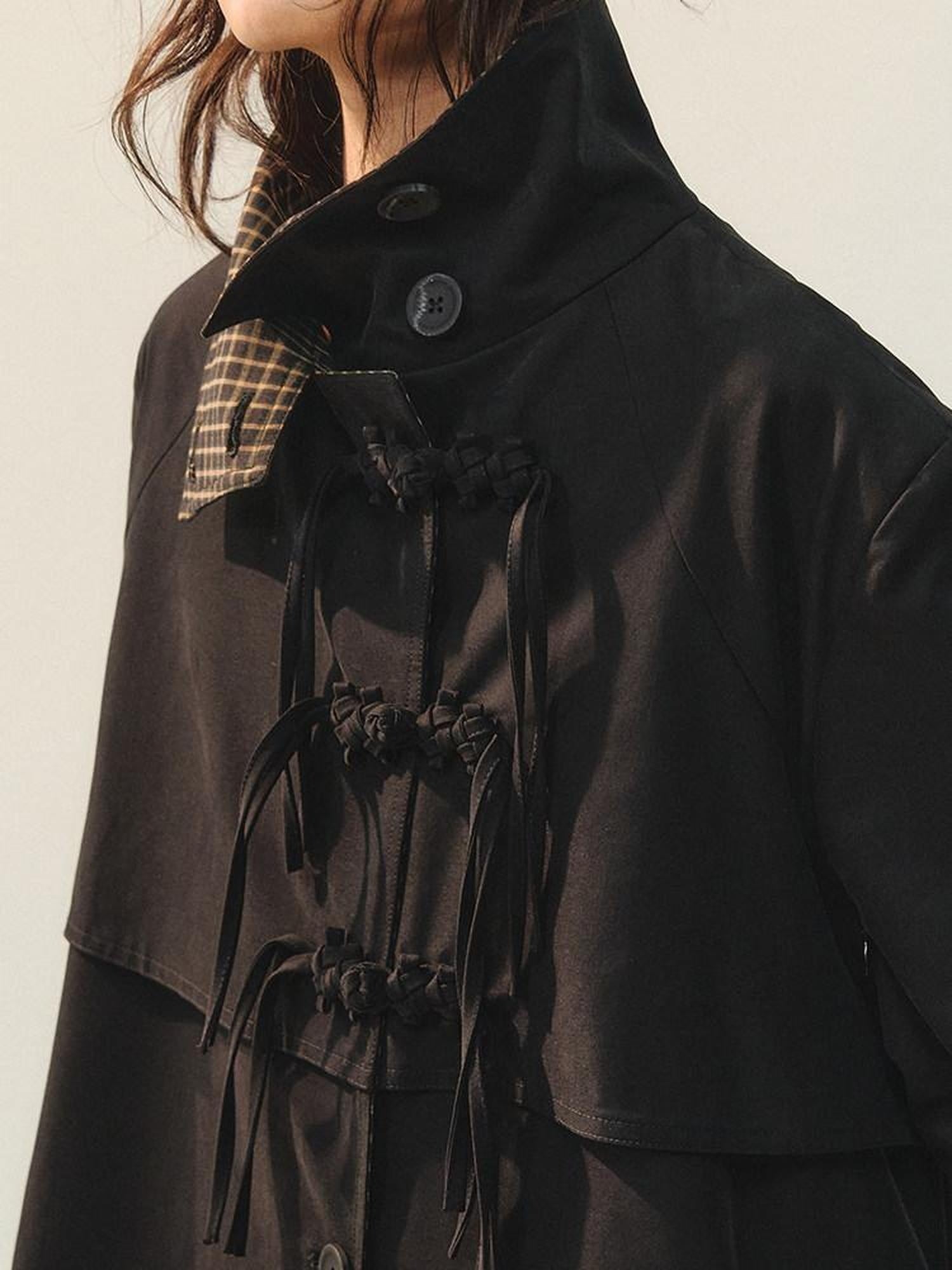 AnnoMundi Plaid Patchwork Longline Chinese Style Womens Single Breasted Polyester Coat