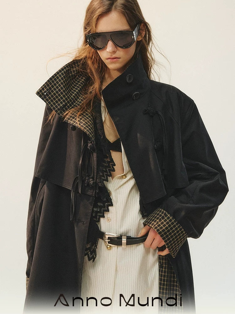 AnnoMundi Plaid Patchwork Longline Chinese Style Womens Single Breasted Polyester Coat