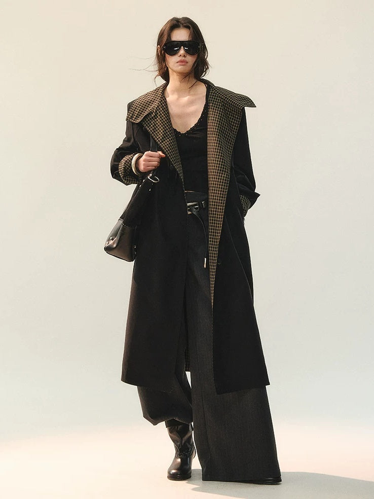 AnnoMundi Plaid Patchwork Longline Chinese Style Womens Single Breasted Polyester Coat