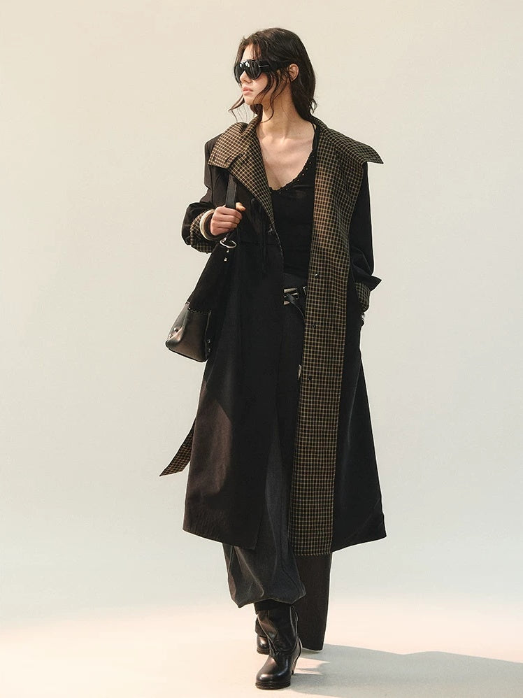 AnnoMundi Plaid Patchwork Longline Chinese Style Womens Single Breasted Polyester Coat