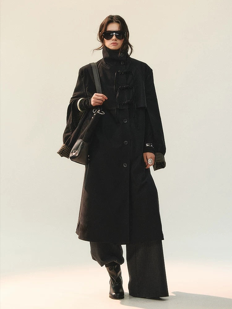 AnnoMundi Plaid Patchwork Longline Chinese Style Womens Single Breasted Polyester Coat