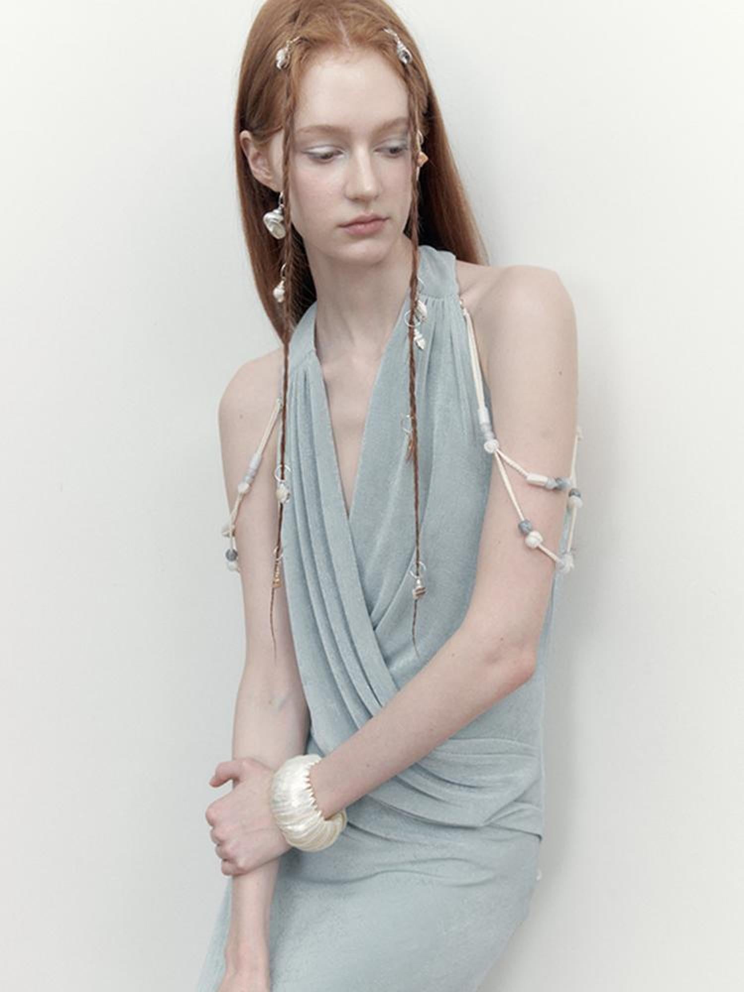 AnnoMundi Pleated Beaded Halter Maxi Dress