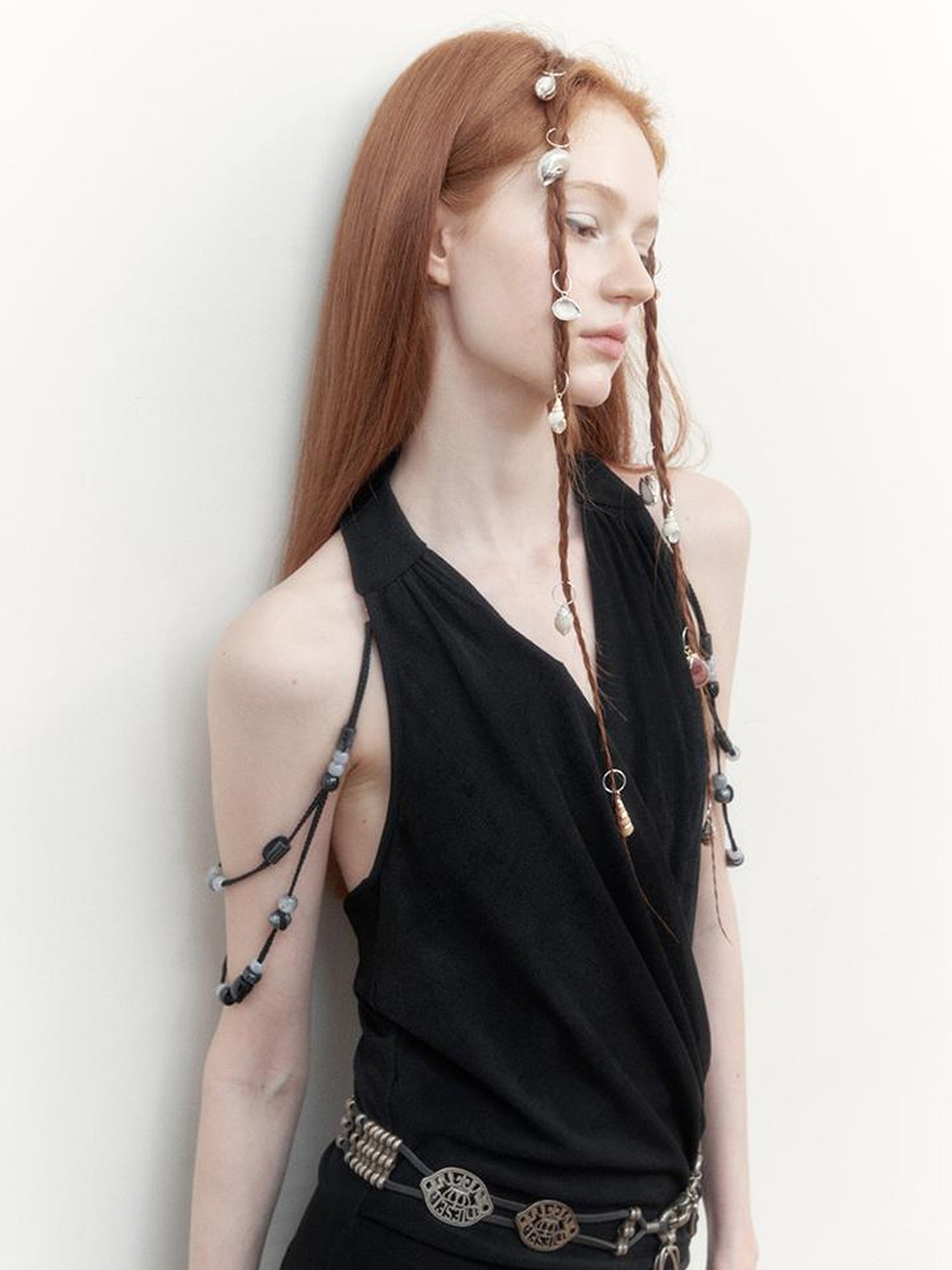 AnnoMundi Pleated Beaded Halter Maxi Dress