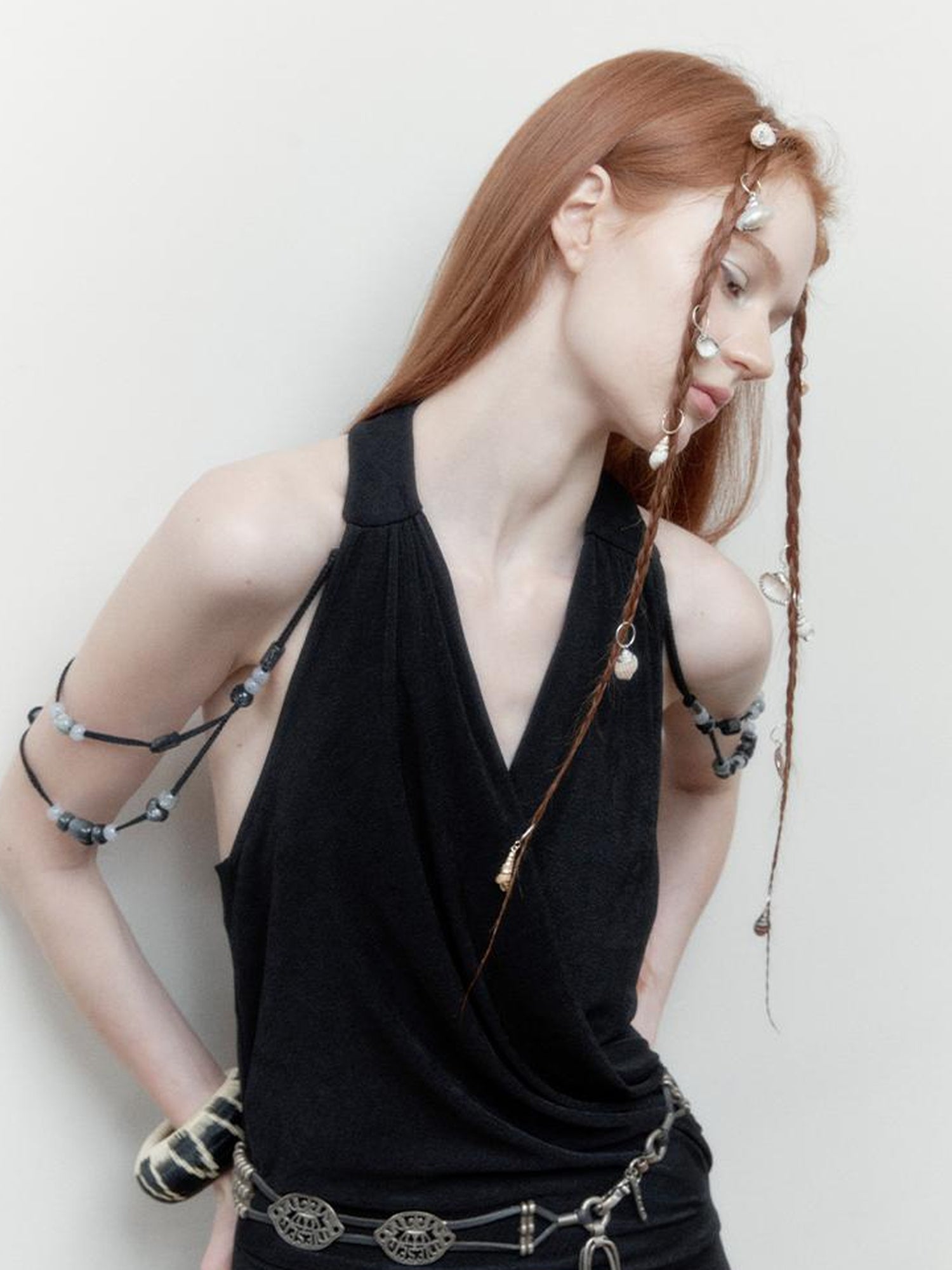 AnnoMundi Pleated Beaded Halter Maxi Dress