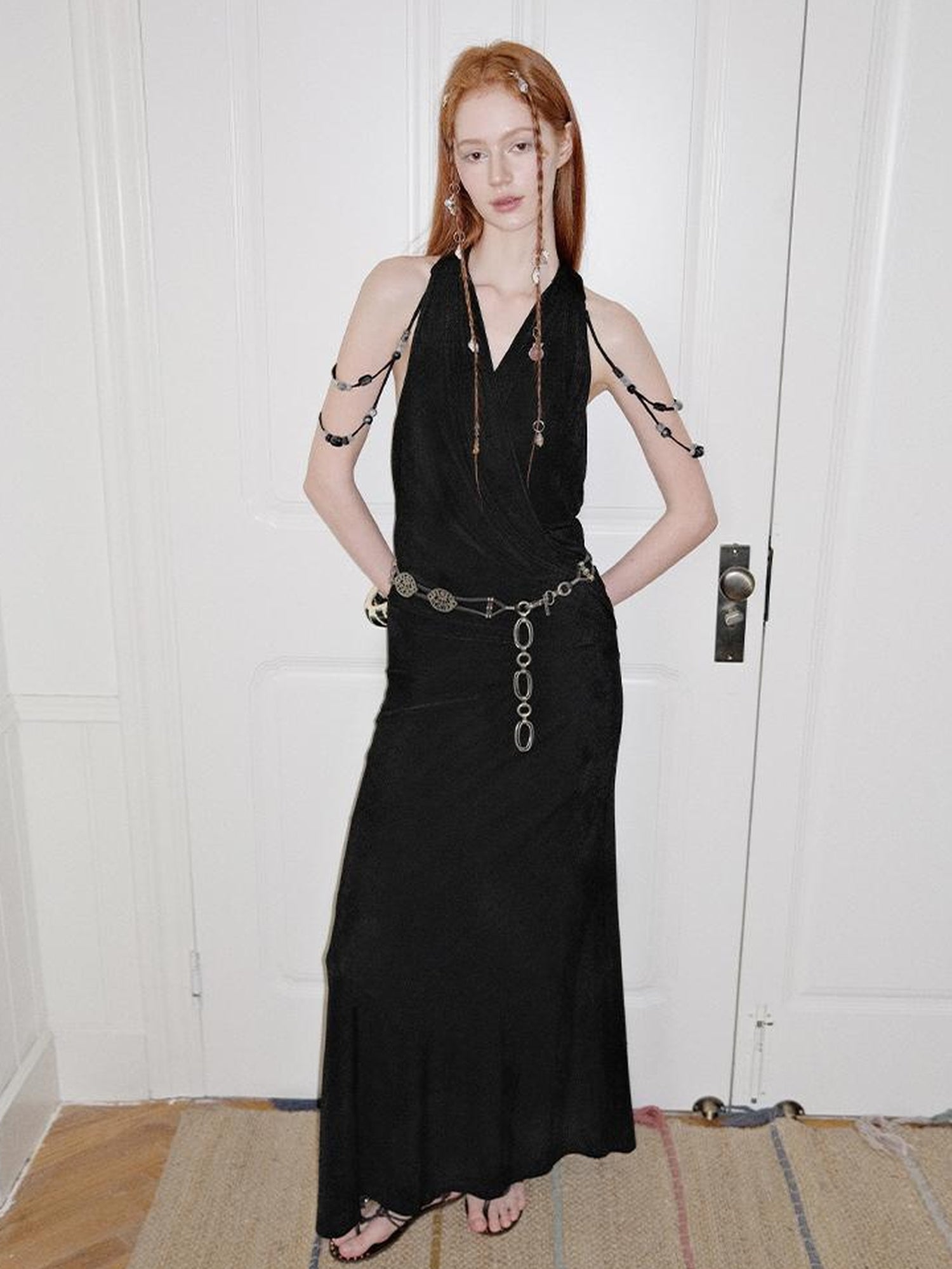 AnnoMundi Pleated Beaded Halter Maxi Dress