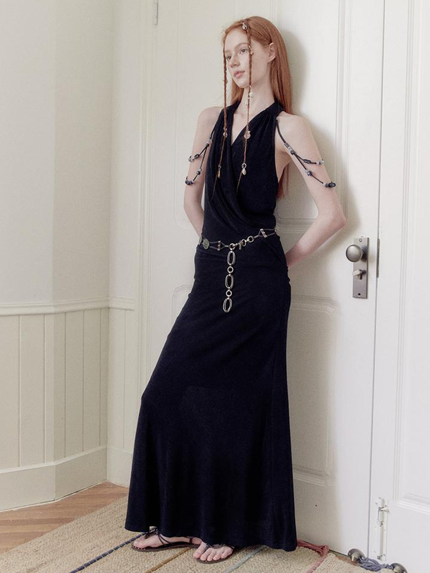 AnnoMundi Pleated Beaded Halter Maxi Dress