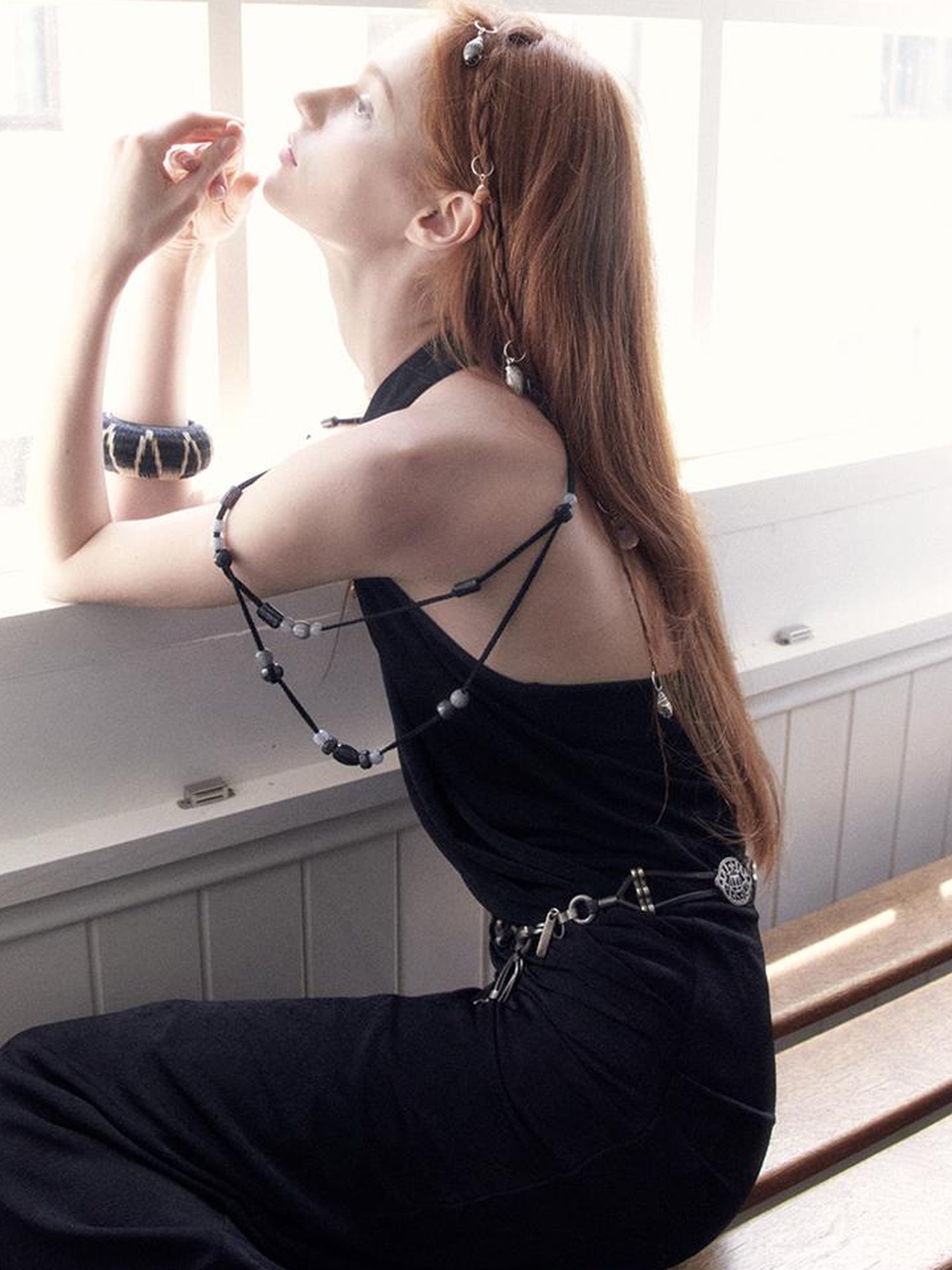 AnnoMundi Pleated Beaded Halter Maxi Dress