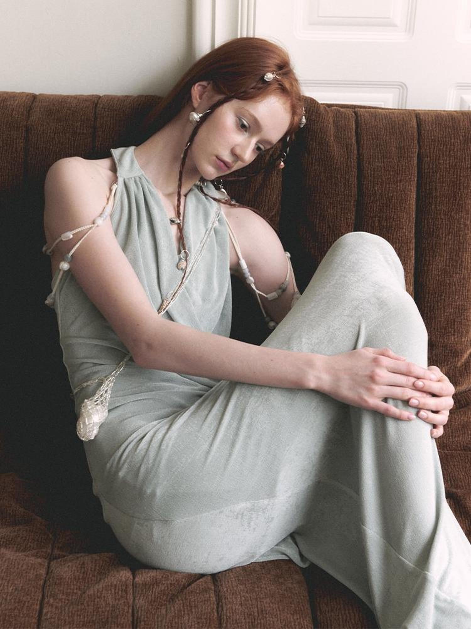 AnnoMundi Pleated Beaded Halter Maxi Dress