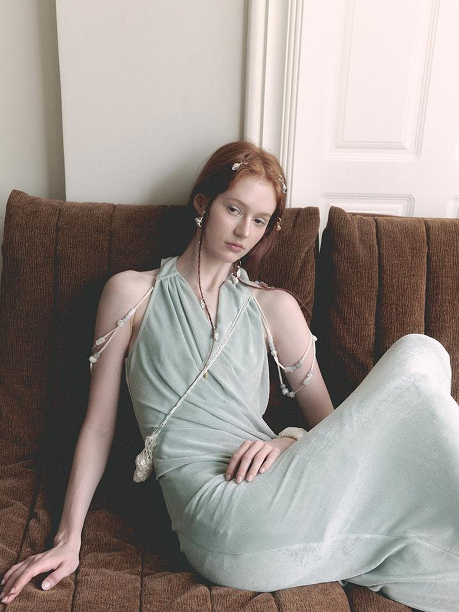 AnnoMundi Pleated Beaded Halter Maxi Dress