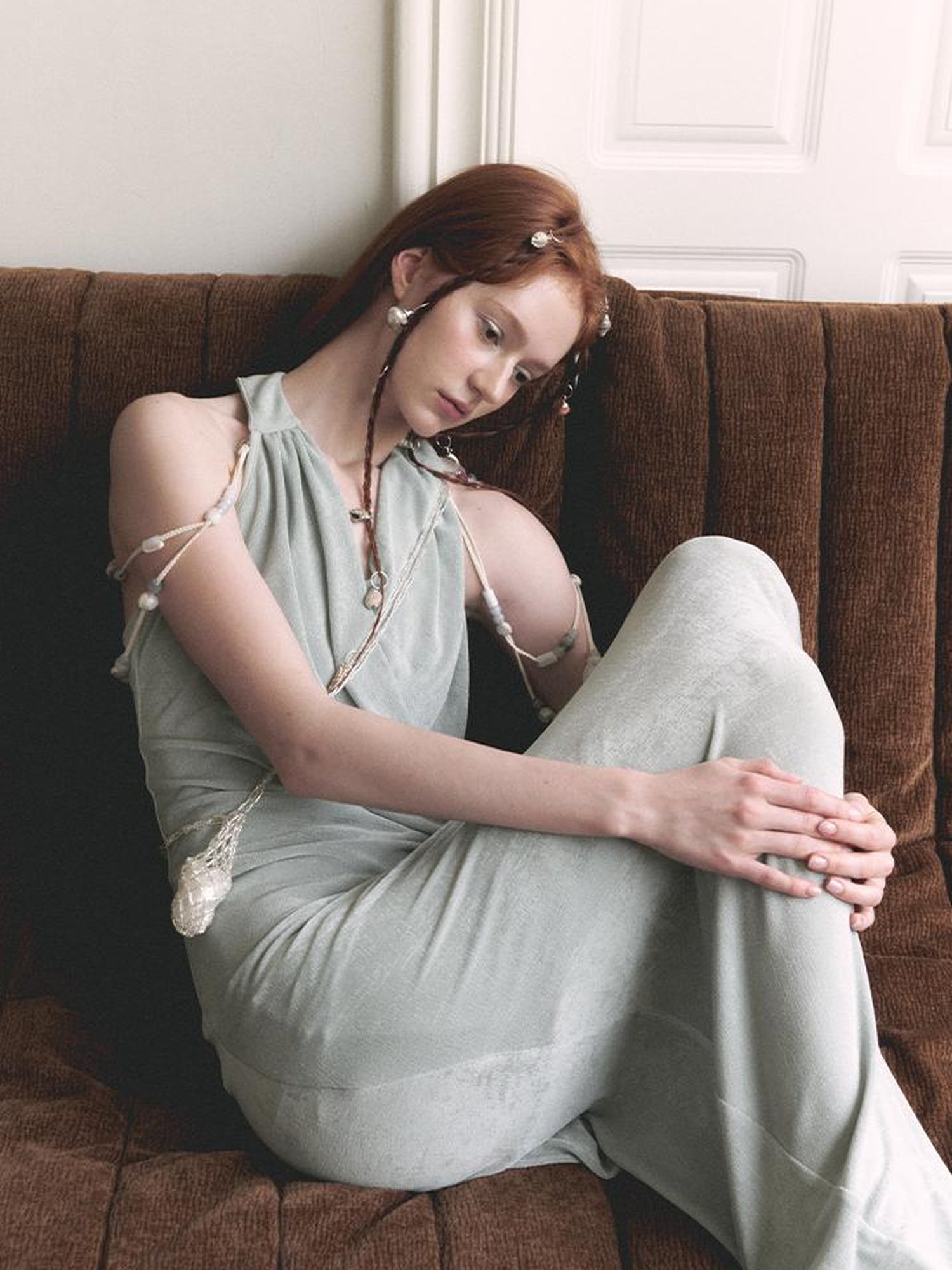 AnnoMundi Pleated Beaded Halter Maxi Dress