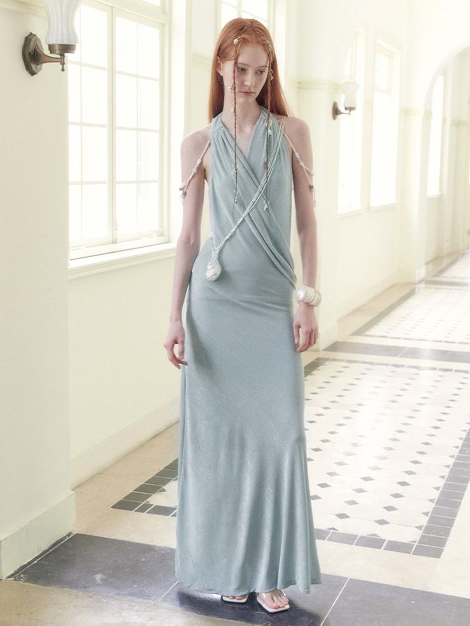 AnnoMundi Pleated Beaded Halter Maxi Dress