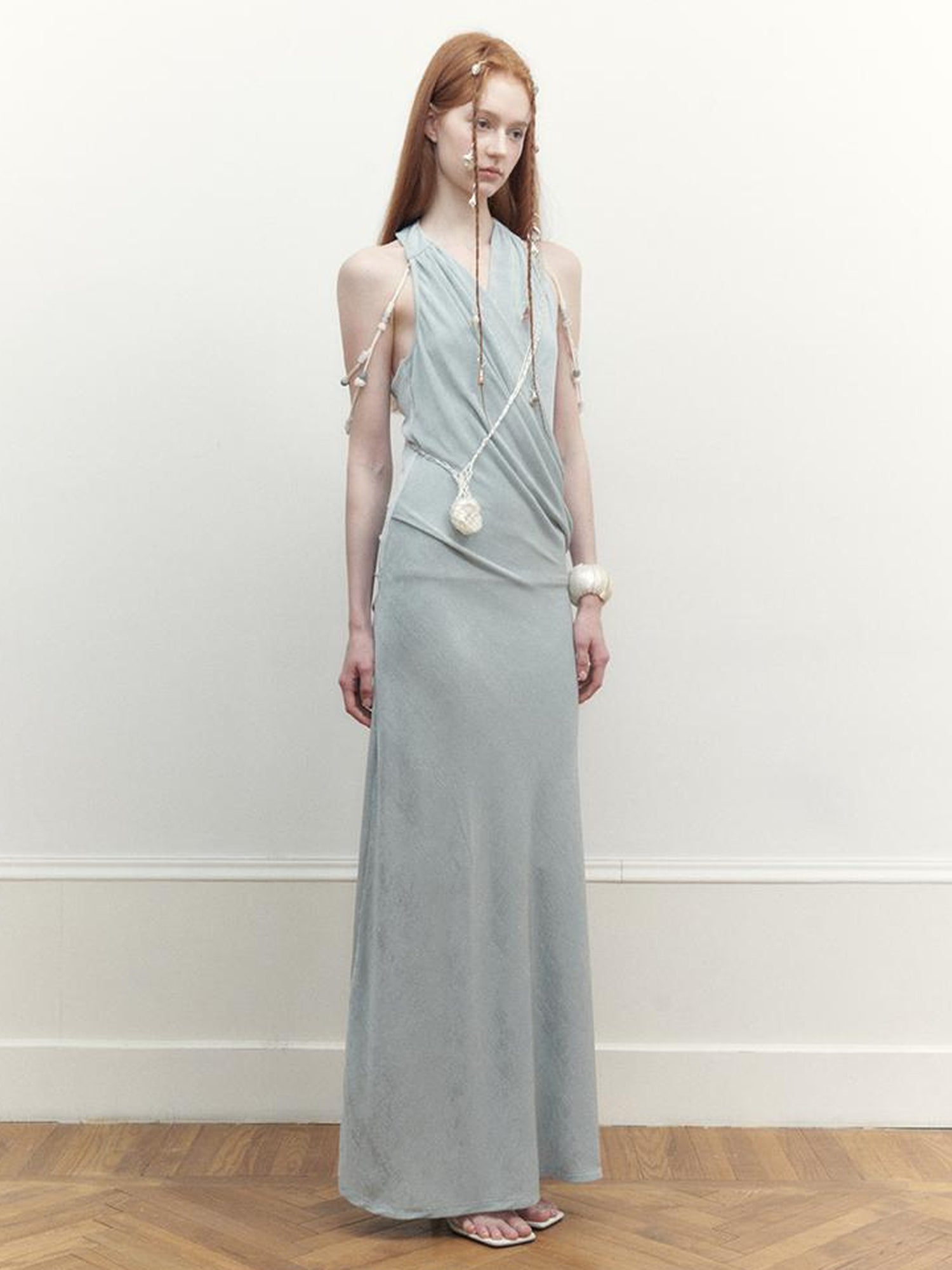 AnnoMundi Pleated Beaded Halter Maxi Dress