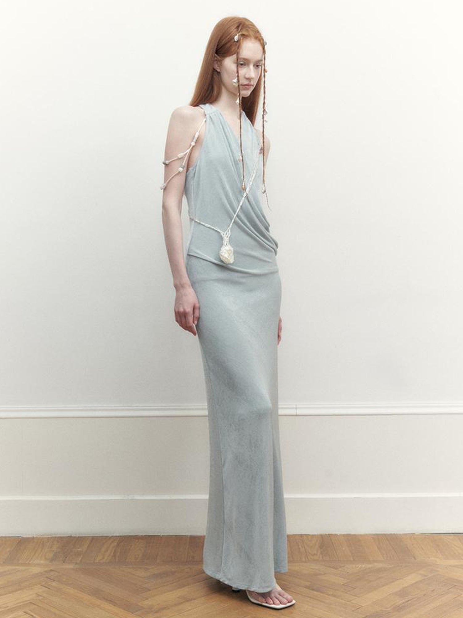 AnnoMundi Pleated Beaded Halter Maxi Dress