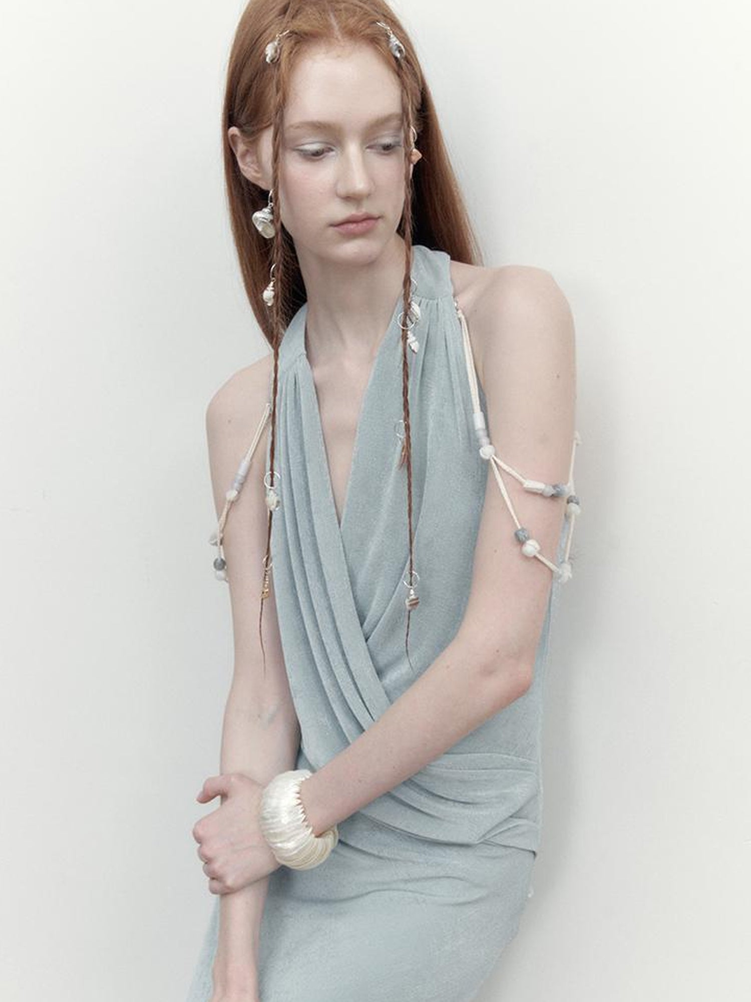 AnnoMundi Pleated Beaded Halter Maxi Dress