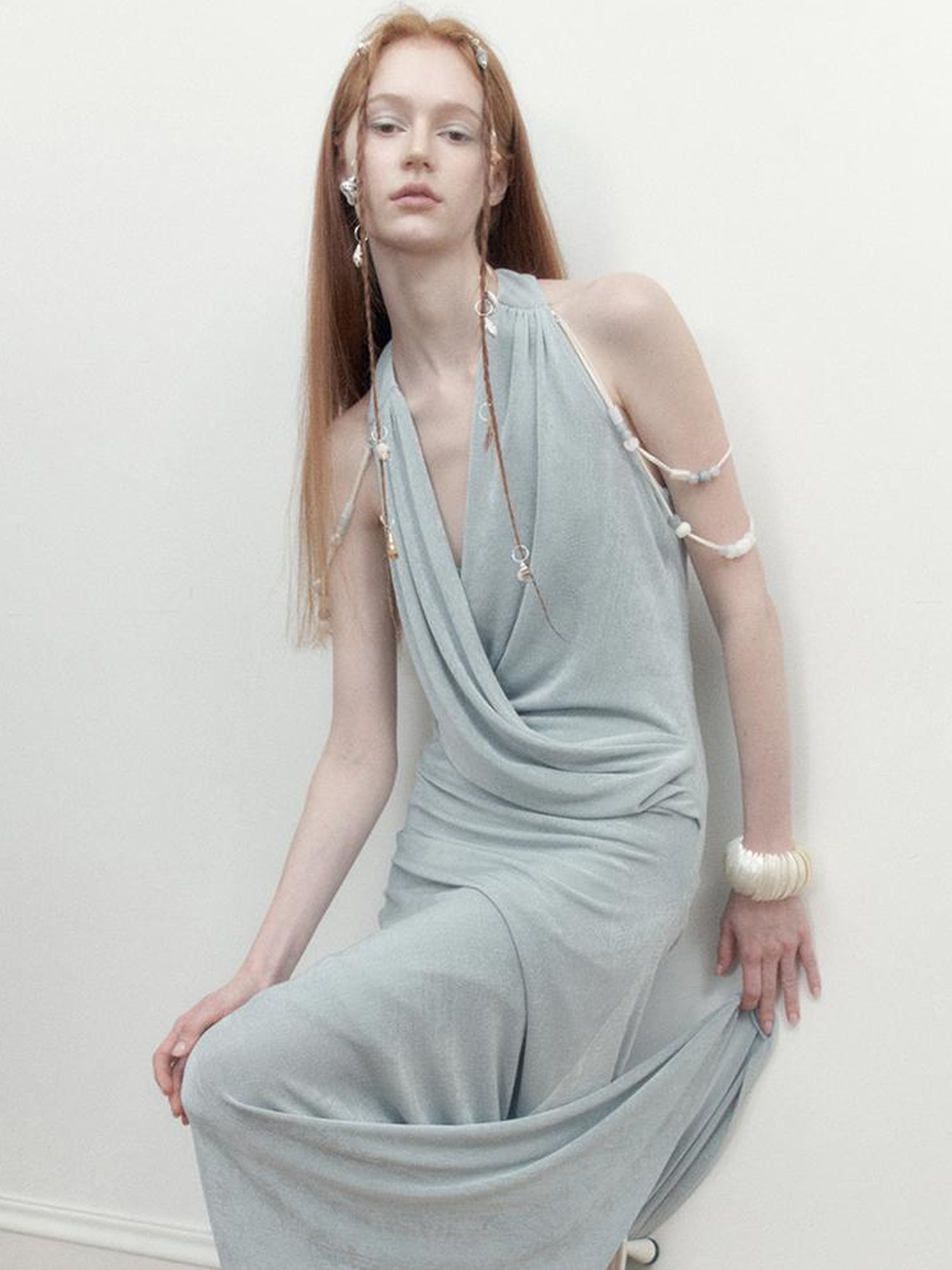 AnnoMundi Pleated Beaded Halter Maxi Dress