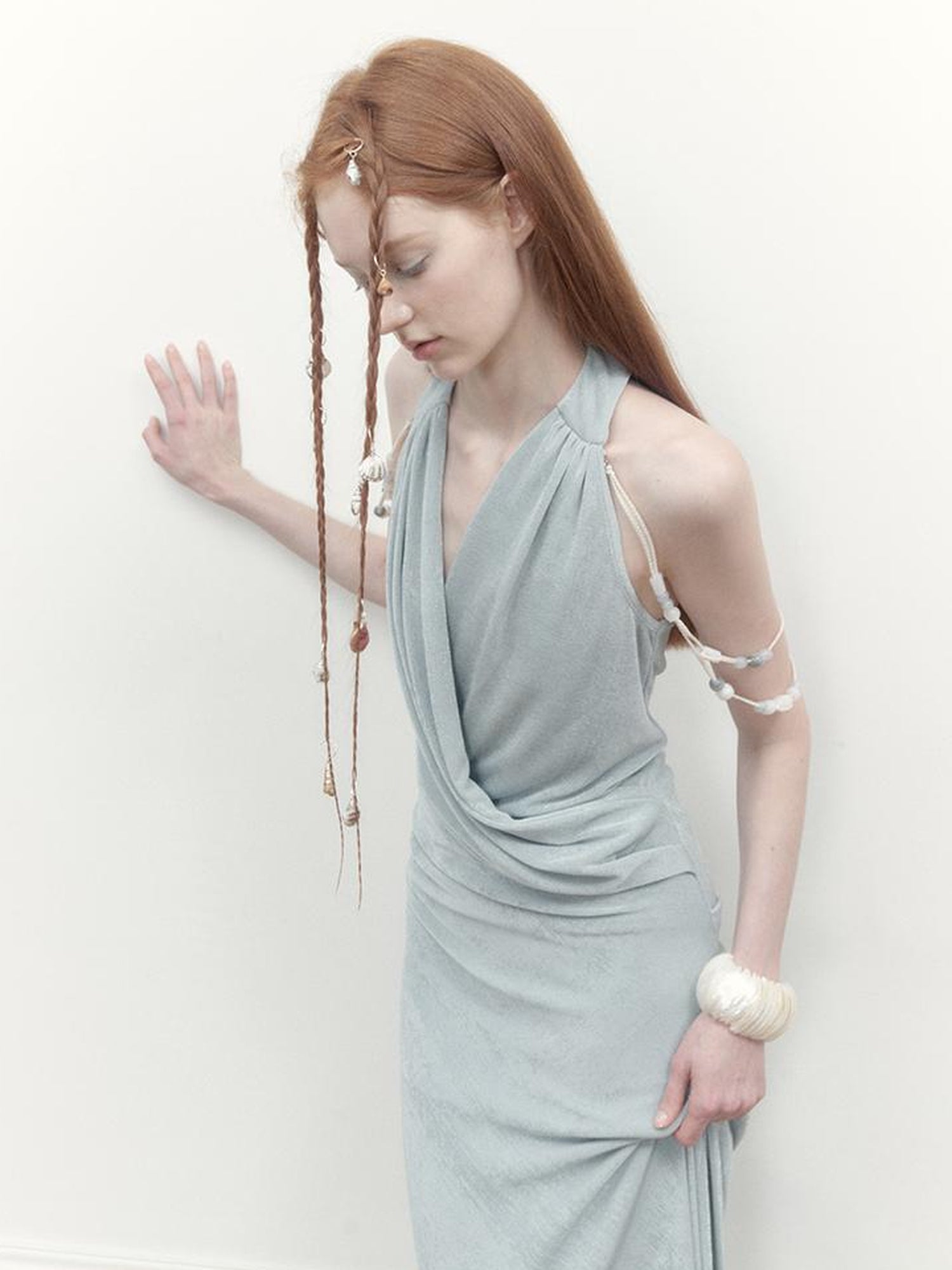 AnnoMundi Pleated Beaded Halter Maxi Dress