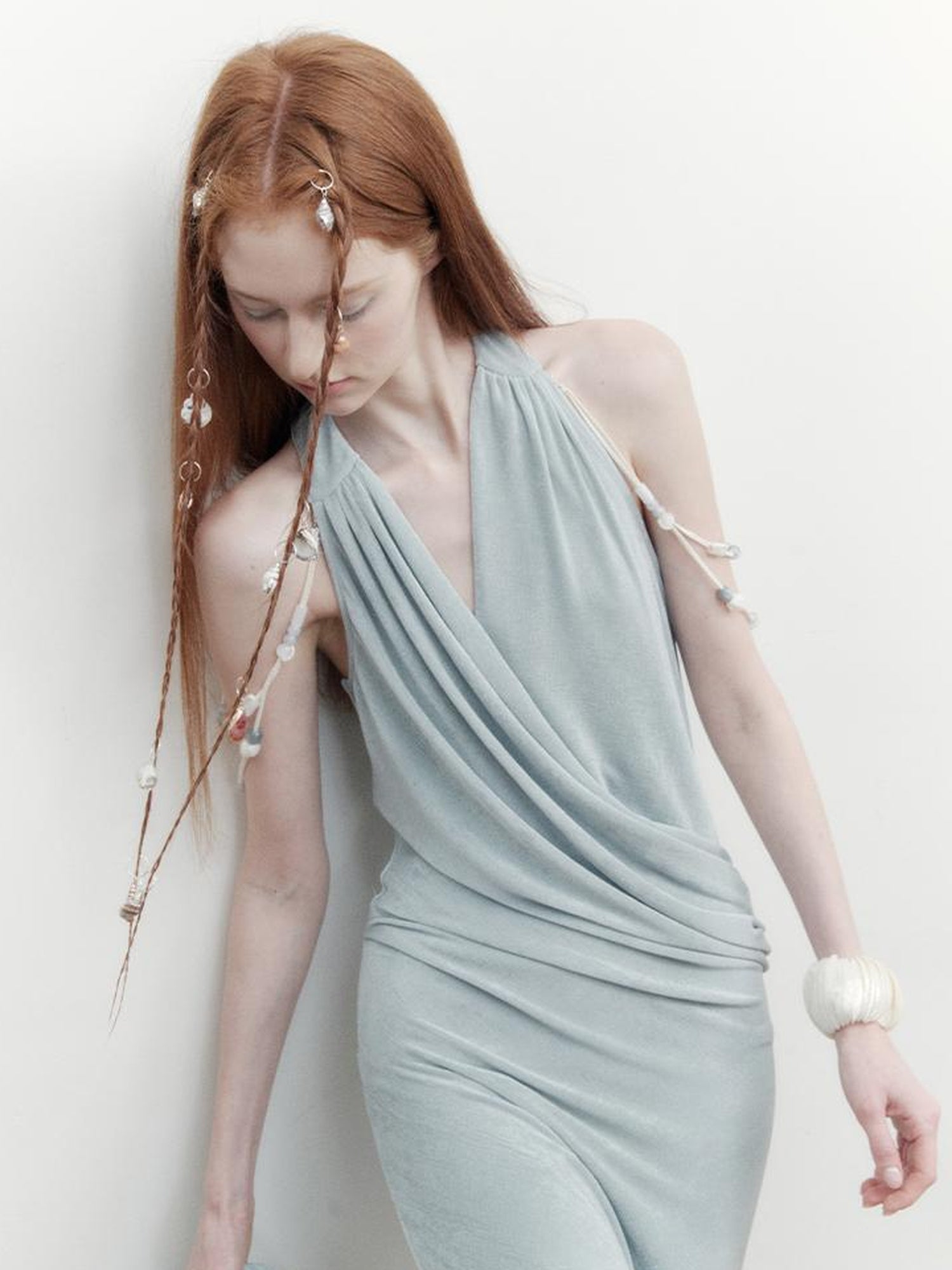 AnnoMundi Pleated Beaded Halter Maxi Dress